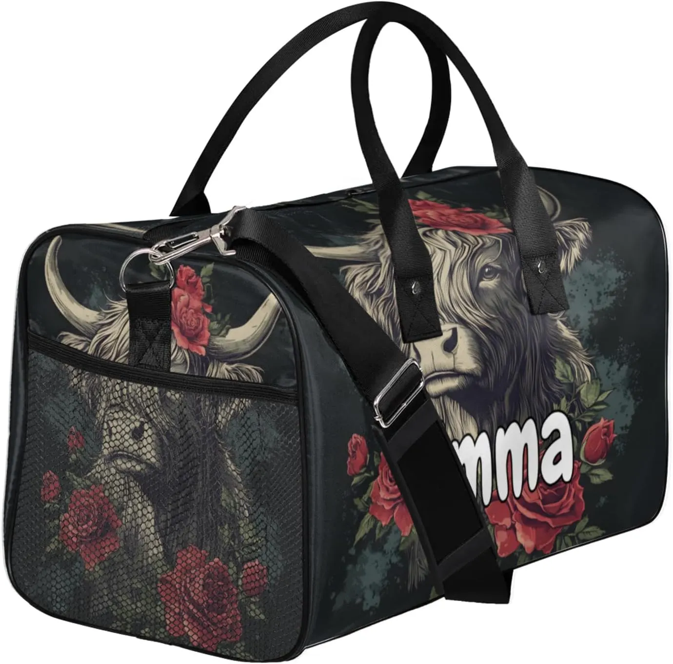 Personalized Highland Cow Travel Duffel Bag with Name, Custom Gym Sport Bag Farmhouse Western Cattle Carry On Weekend Overnight Duffel Bag for Men Women