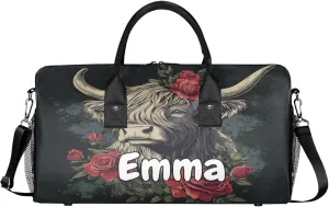 Personalized Highland Cow Travel Duffel Bag with Name, Custom Gym Sport Bag Farmhouse Western Cattle Carry On Weekend Overnight Duffel Bag for Men Women