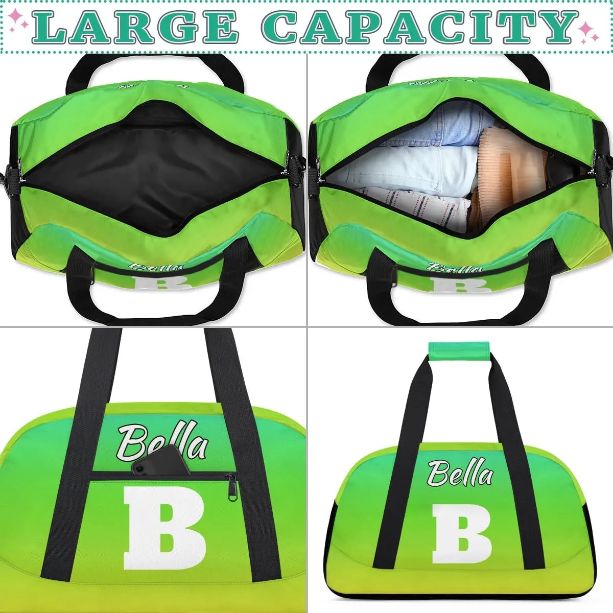 Personalized Initial Gym Duffel Bag, Monogrammed Gifts Sports Duffel Bag Weekender Overnight Bag for Women Men, Gradient Green