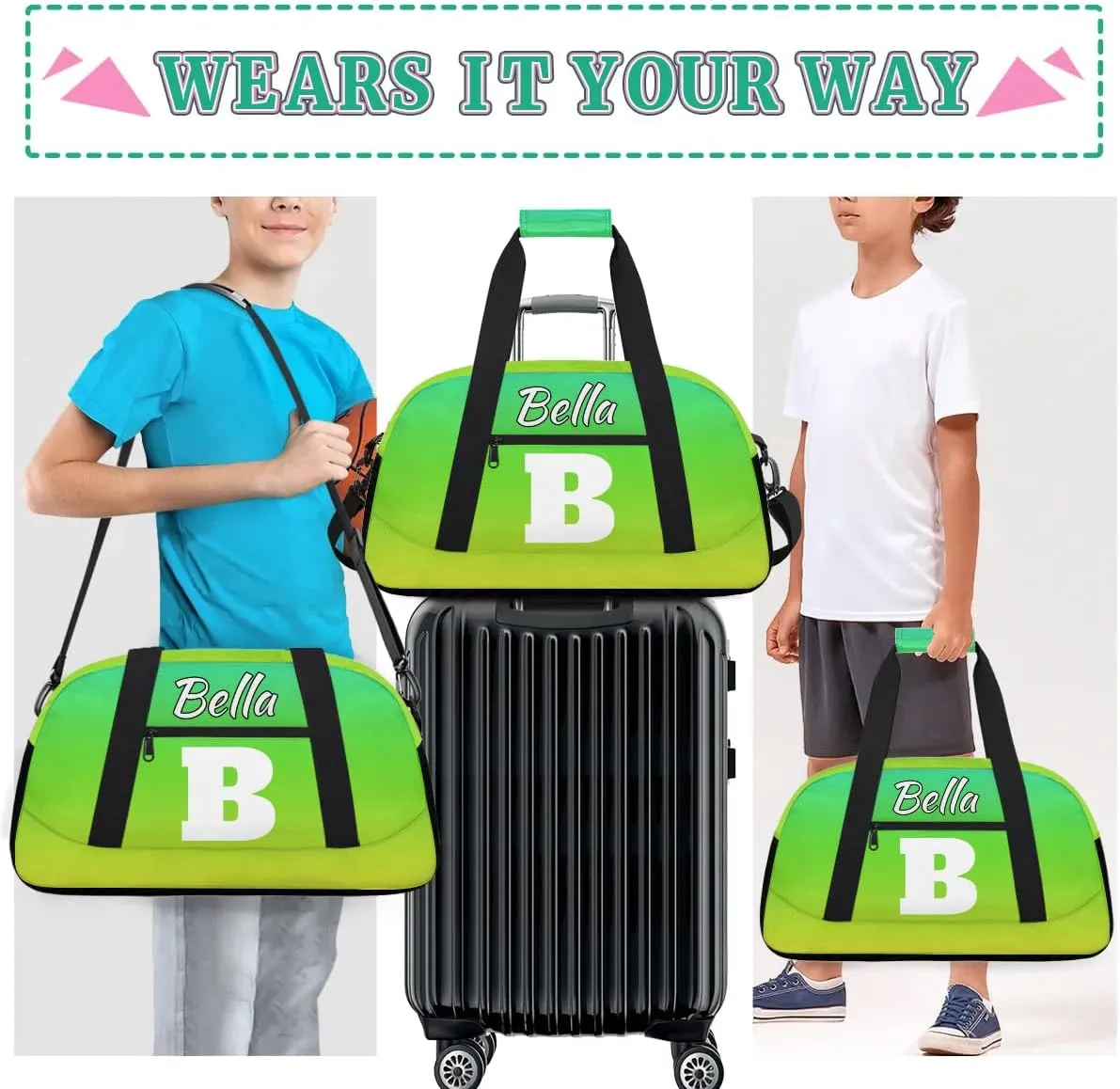 Personalized Initial Gym Duffel Bag, Monogrammed Gifts Sports Duffel Bag Weekender Overnight Bag for Women Men, Gradient Green
