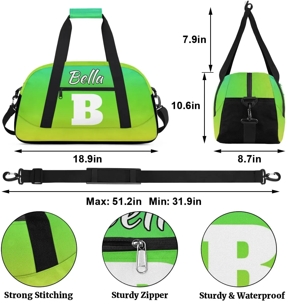 Personalized Initial Gym Duffel Bag, Monogrammed Gifts Sports Duffel Bag Weekender Overnight Bag for Women Men, Gradient Green