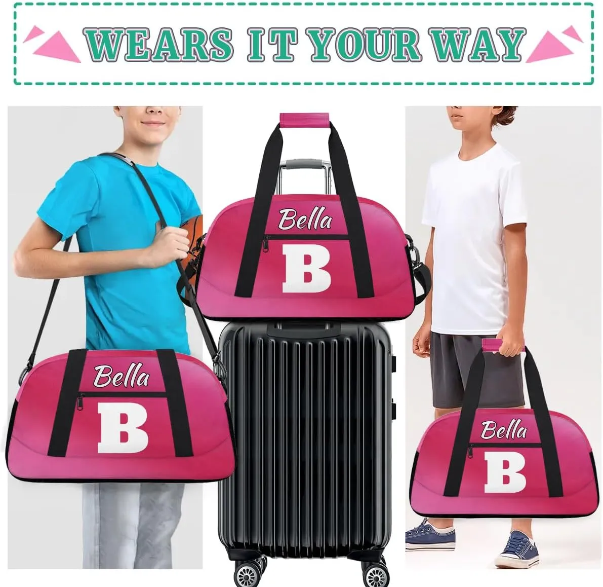 Personalized Initial Gym Duffel Bag, Monogrammed Gifts Sports Duffel Bag Weekender Overnight Bag for Women Men, Hot Pink