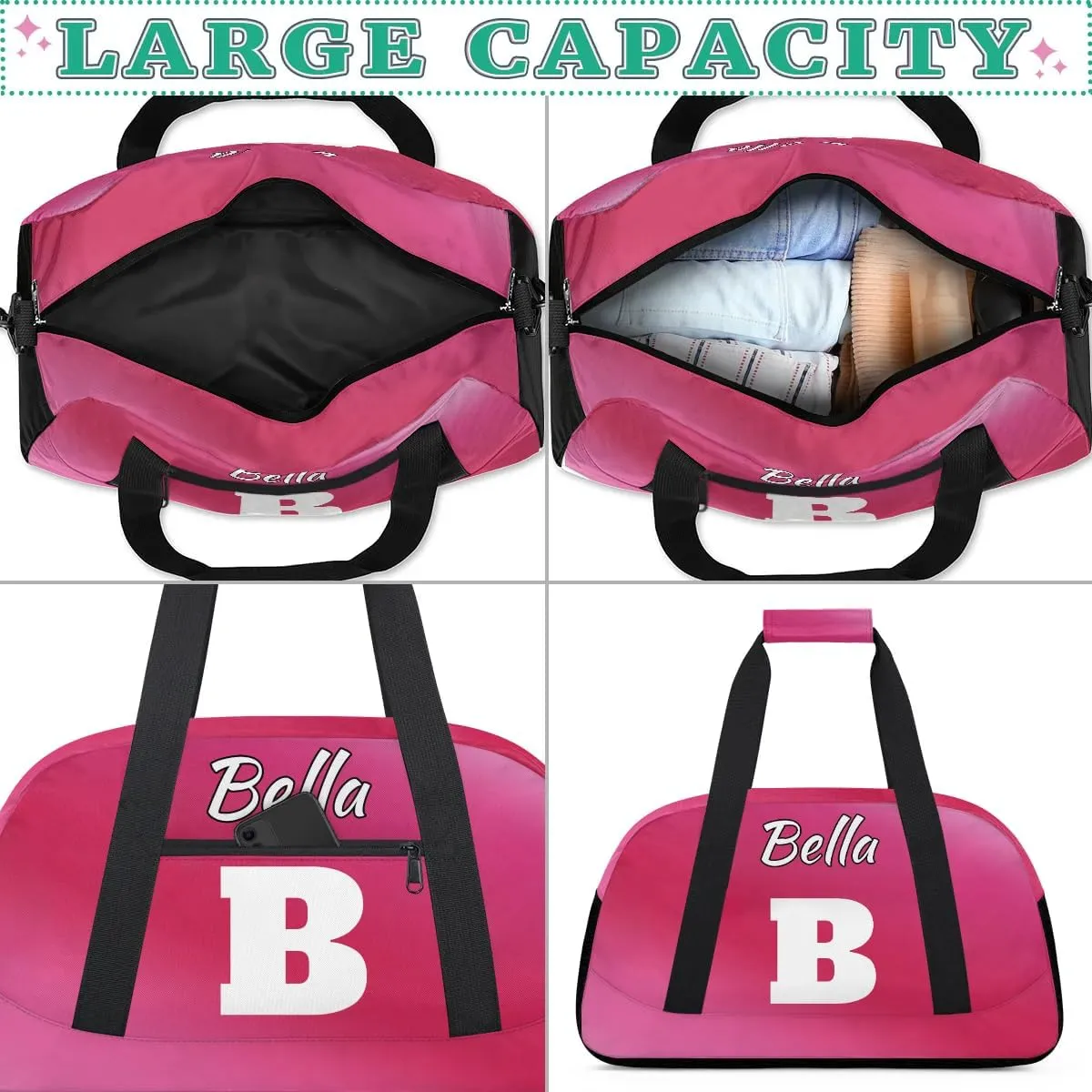 Personalized Initial Gym Duffel Bag, Monogrammed Gifts Sports Duffel Bag Weekender Overnight Bag for Women Men, Hot Pink