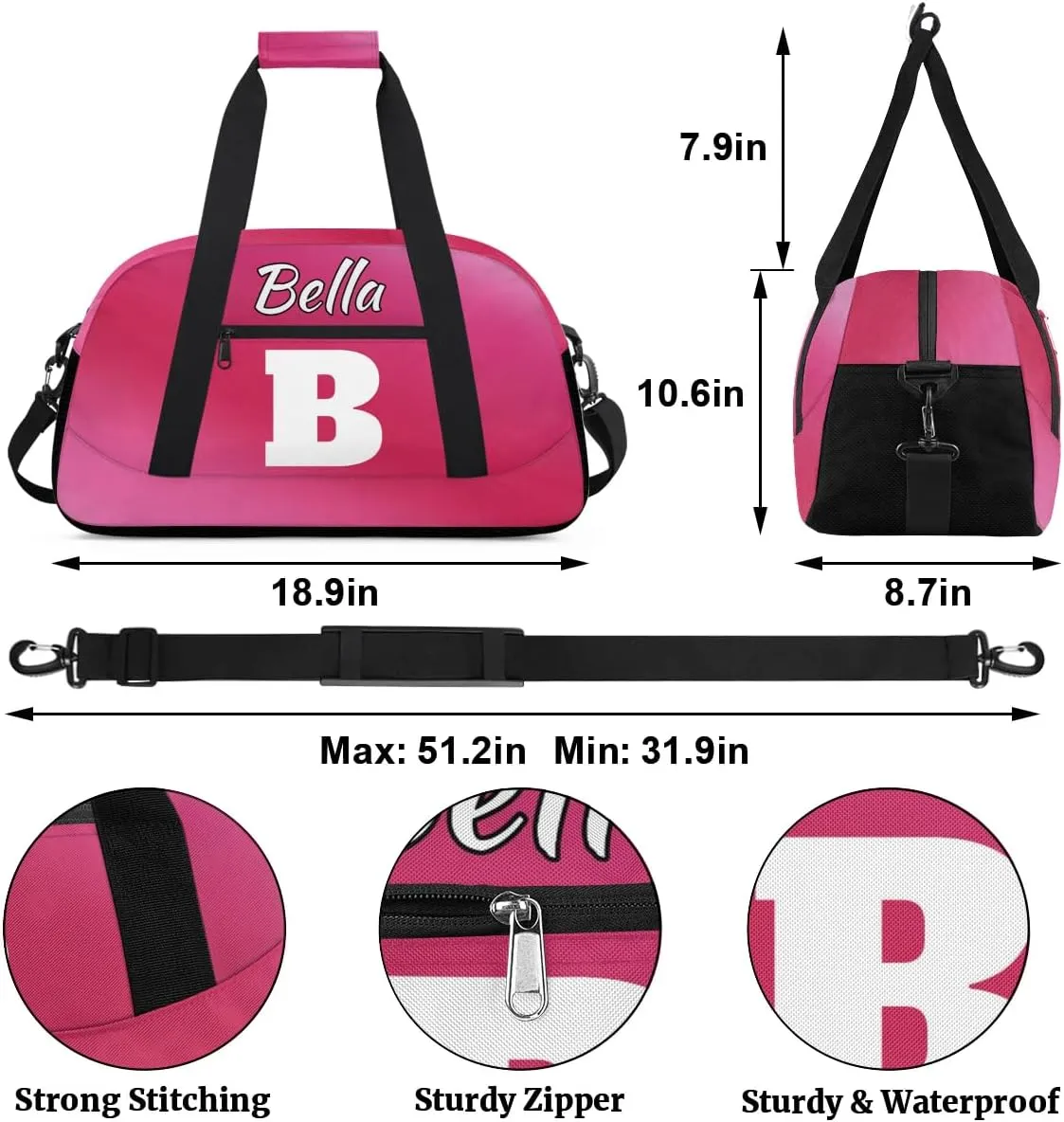 Personalized Initial Gym Duffel Bag, Monogrammed Gifts Sports Duffel Bag Weekender Overnight Bag for Women Men, Hot Pink