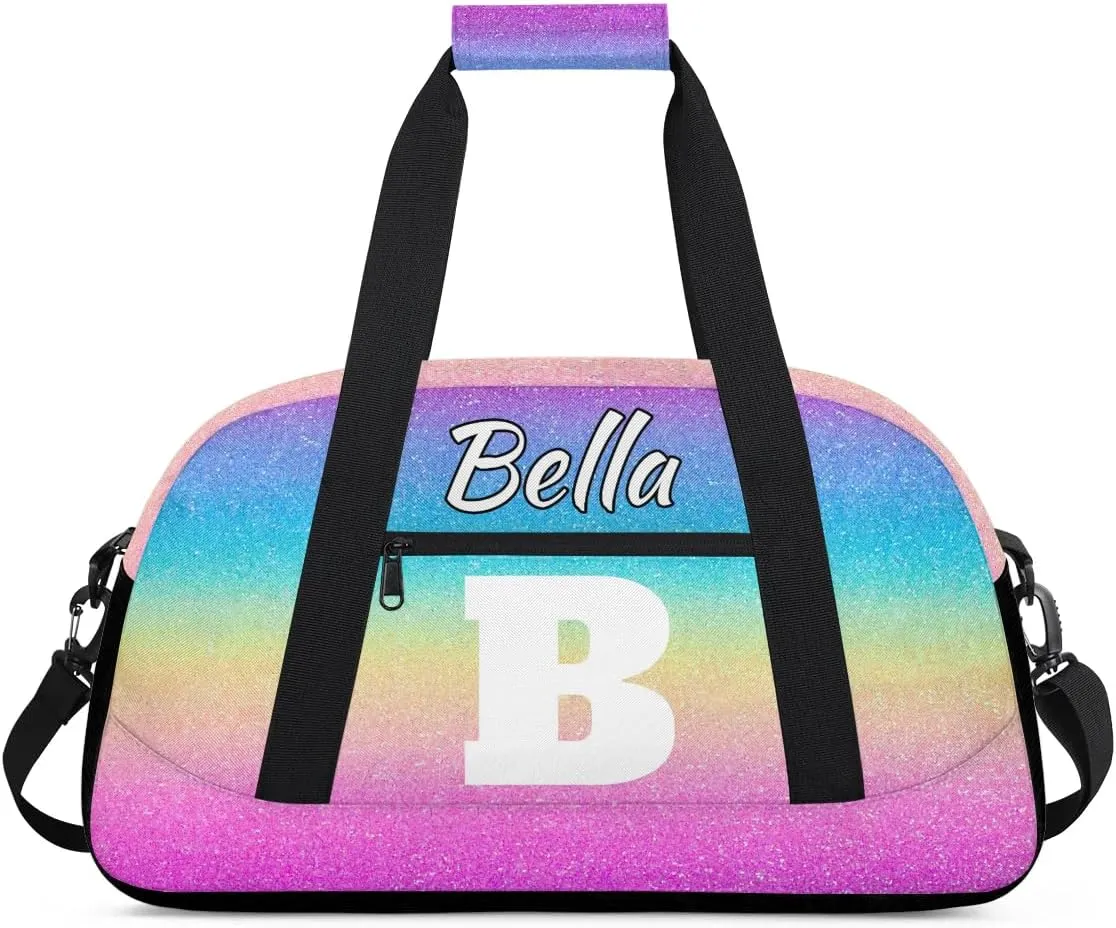 Personalized Initial Travel Duffel Bag for Women Men, Custom Name Workout Sports Tote Gym Bag Weekender Overnight Carry On Bag, Rainbow Glitter
