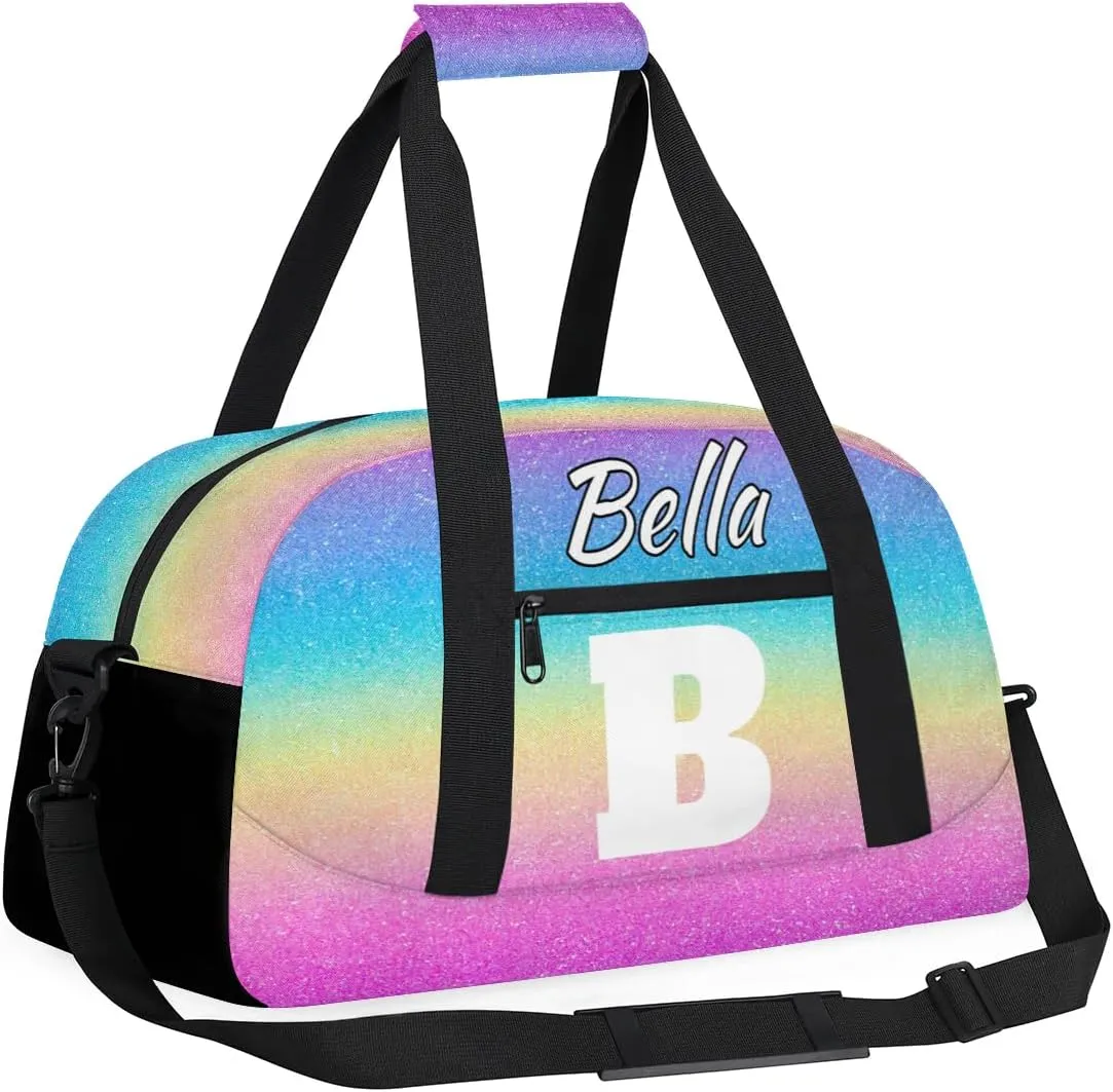Personalized Initial Travel Duffel Bag for Women Men, Custom Name Workout Sports Tote Gym Bag Weekender Overnight Carry On Bag, Rainbow Glitter