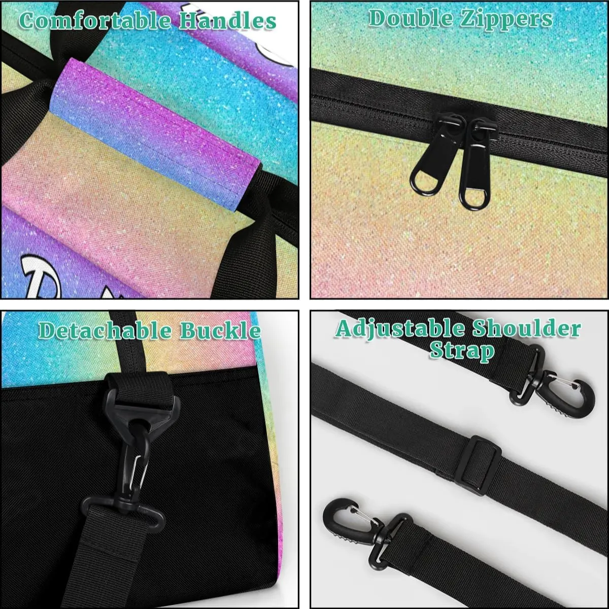 Personalized Initial Travel Duffel Bag for Women Men, Custom Name Workout Sports Tote Gym Bag Weekender Overnight Carry On Bag, Rainbow Glitter
