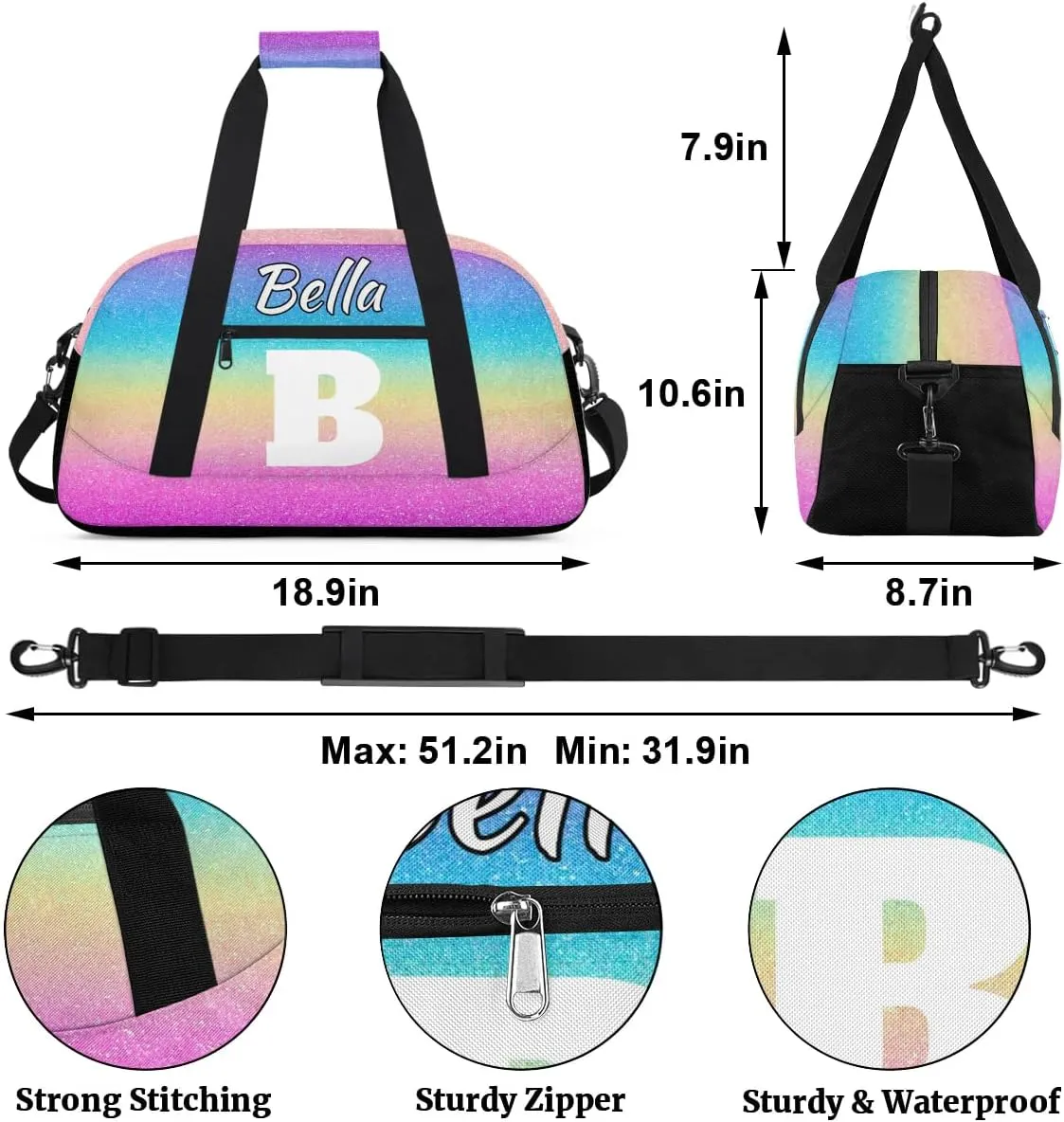 Personalized Initial Travel Duffel Bag for Women Men, Custom Name Workout Sports Tote Gym Bag Weekender Overnight Carry On Bag, Rainbow Glitter