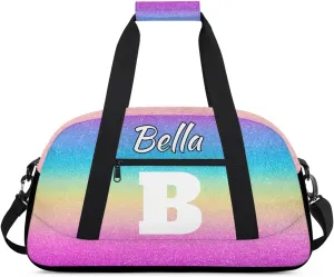 Personalized Initial Travel Duffel Bag for Women Men, Custom Name Workout Sports Tote Gym Bag Weekender Overnight Carry On Bag, Rainbow Glitter