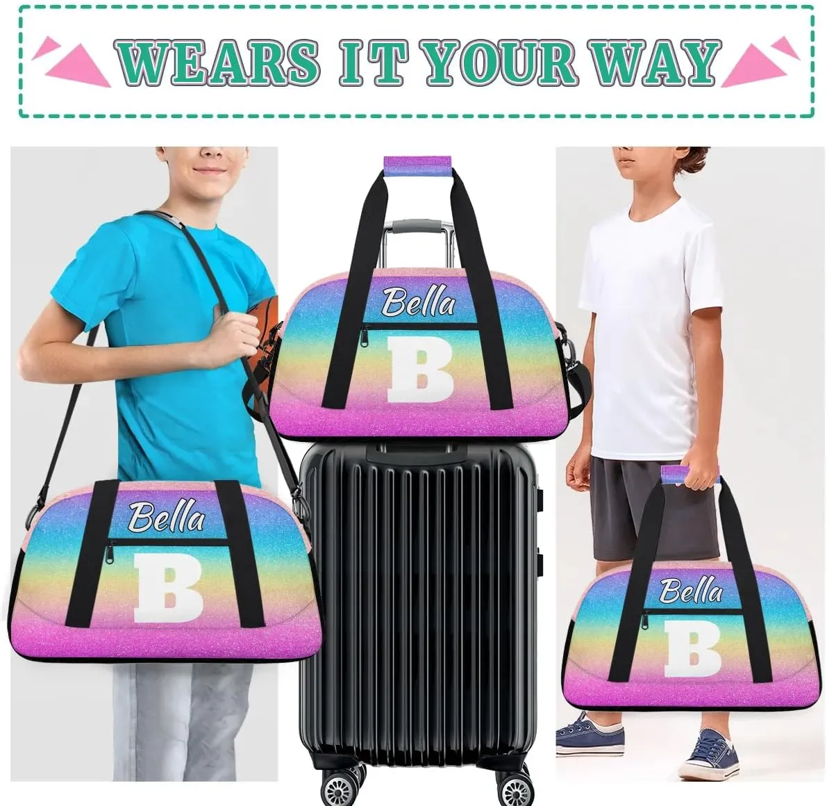 Personalized Initial Travel Duffel Bag for Women Men, Custom Name Workout Sports Tote Gym Bag Weekender Overnight Carry On Bag, Rainbow Glitter