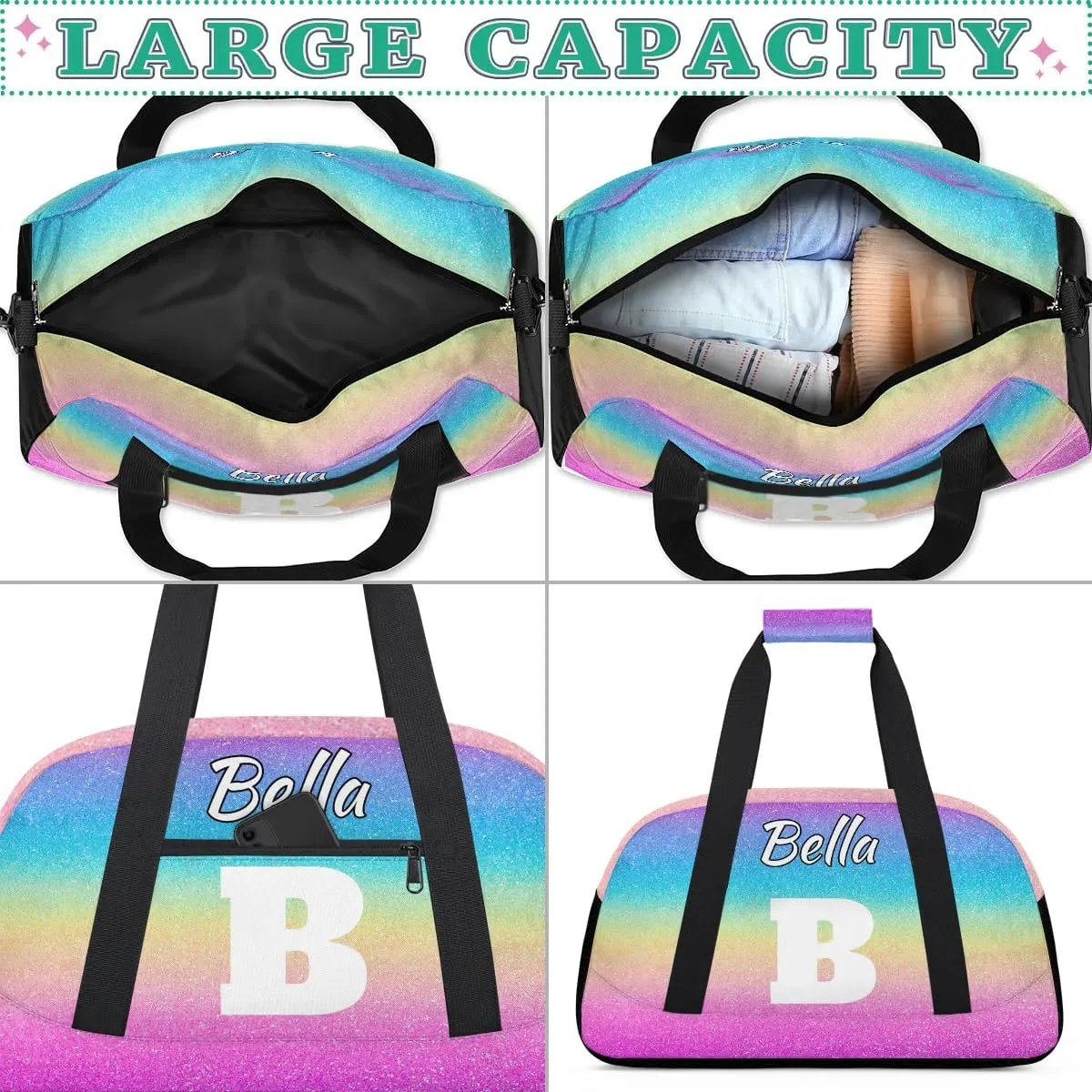 Personalized Initial Travel Duffel Bag for Women Men, Custom Name Workout Sports Tote Gym Bag Weekender Overnight Carry On Bag, Rainbow Glitter