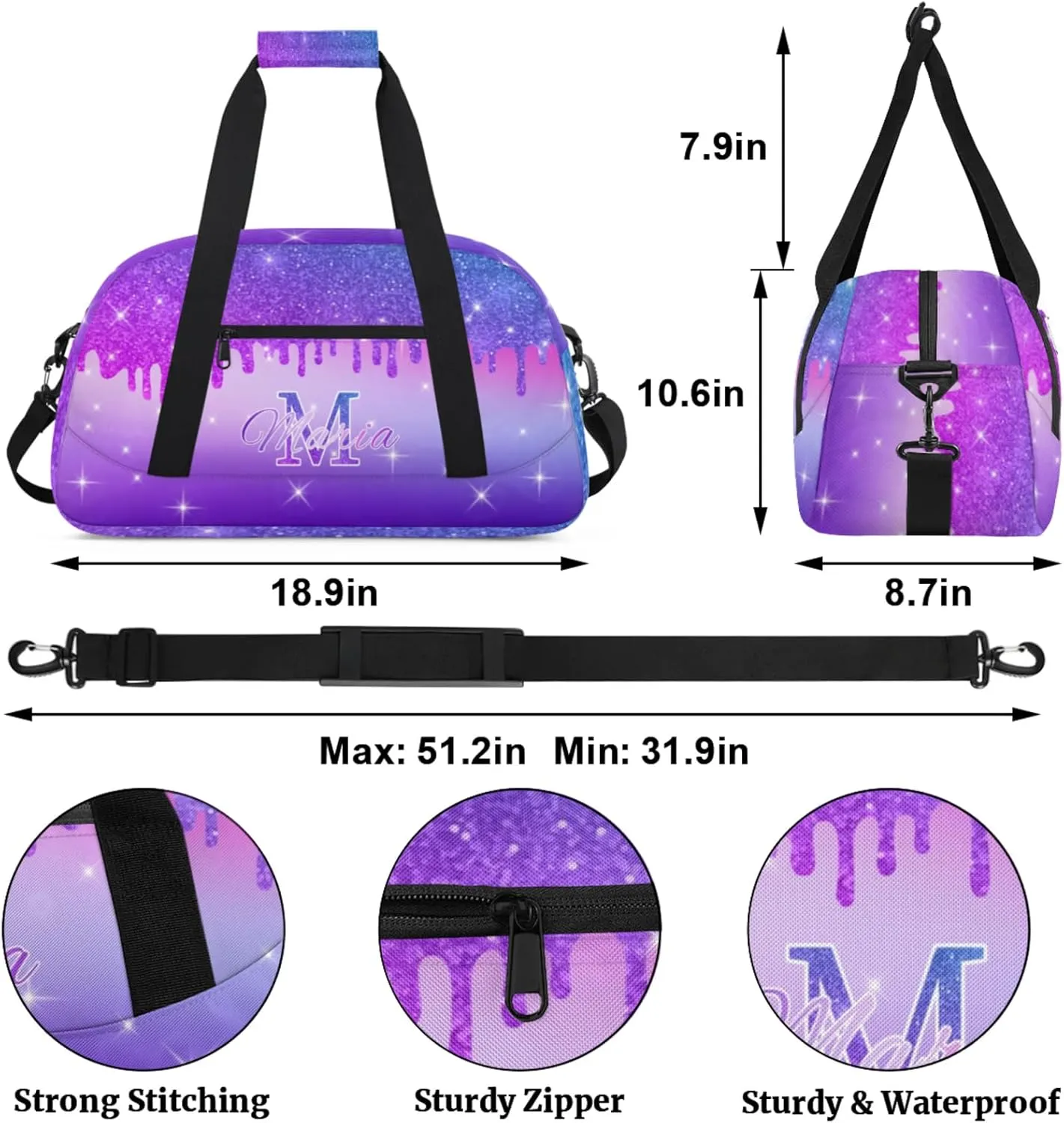 Personalized Kids Sports Duffel Bag with Name Custom Gym Dance Bag for Boys Girls Waterproof Weekender Overnight Bag for Travel Cheerleading Gymnastics Colorful Blue