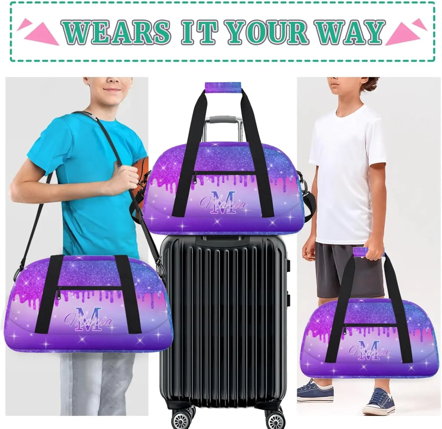 Personalized Kids Sports Duffel Bag with Name Custom Gym Dance Bag for Boys Girls Waterproof Weekender Overnight Bag for Travel Cheerleading Gymnastics Colorful Blue