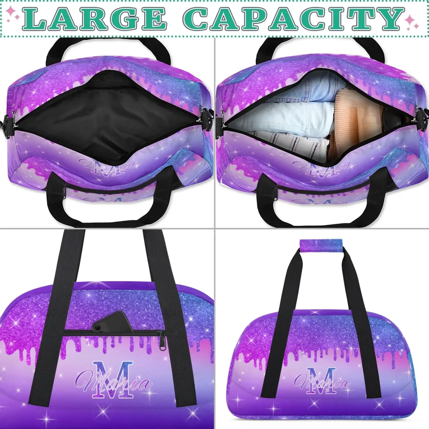 Personalized Kids Sports Duffel Bag with Name Custom Gym Dance Bag for Boys Girls Waterproof Weekender Overnight Bag for Travel Cheerleading Gymnastics Colorful Blue