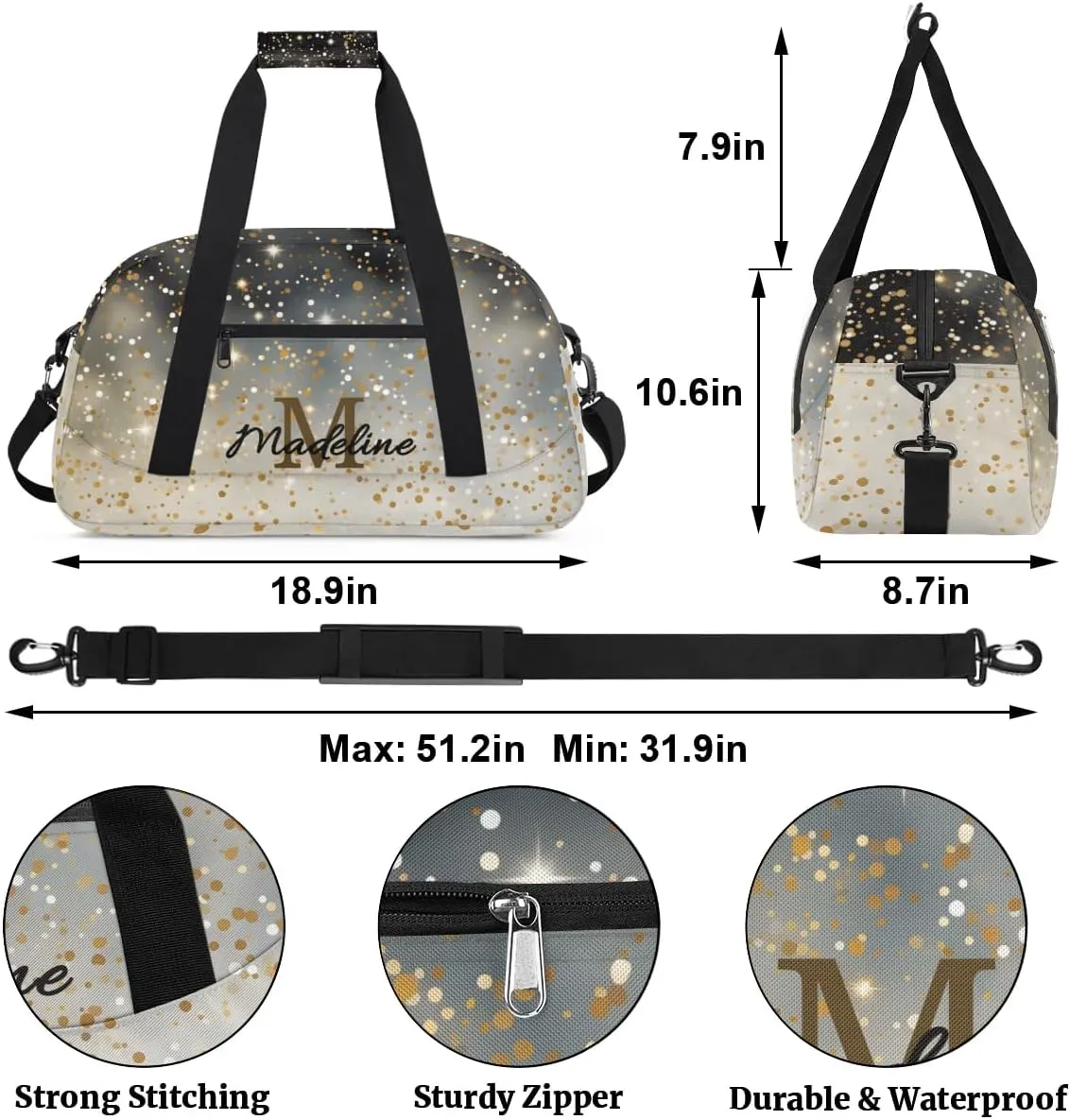 Personalized Kids Sports Duffel Bag with Name Custom Weekender Overnight Bag for Boys Girls Gym Bag Travel Dance Gymnastics Duffel Bag, Black Glitter Yellow Shiny