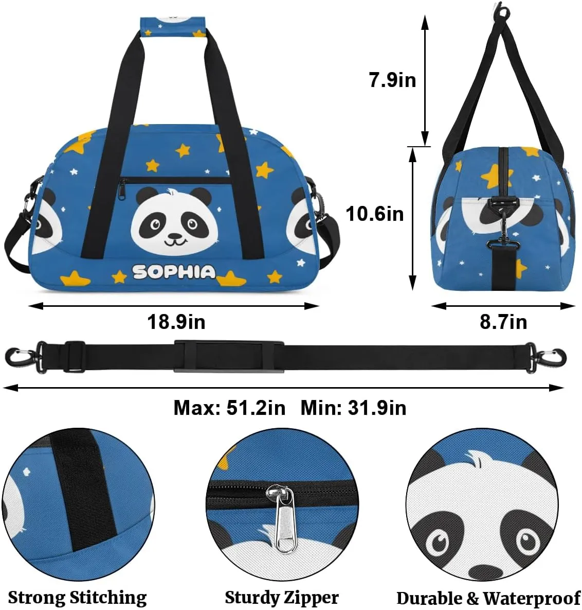 Personalized Kids Sports Duffel Bag with Name Custom Weekender Overnight Bag for Boys Girls Gym Bag Travel Dance Gymnastics Duffel Bag, Cute Panda