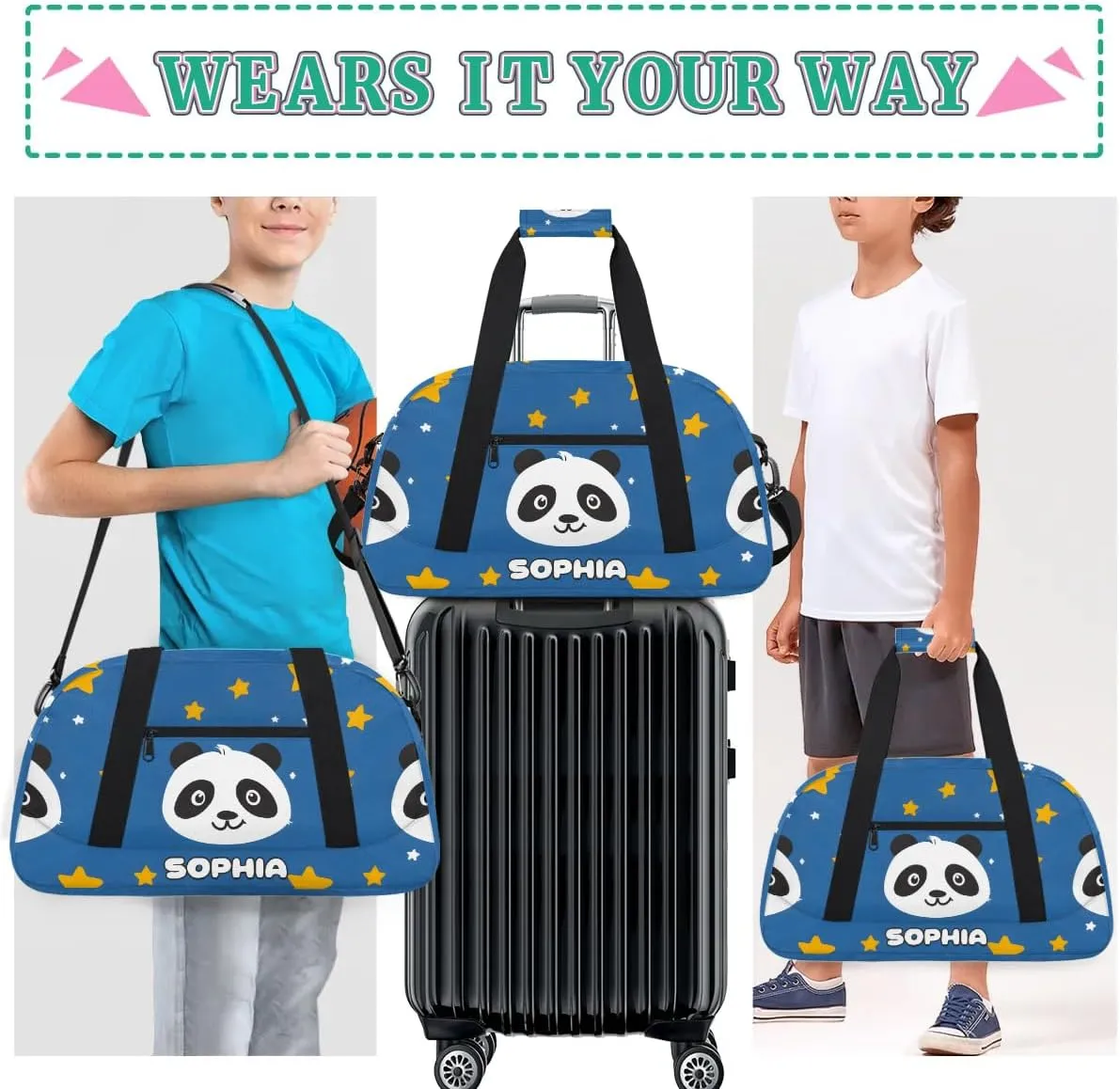 Personalized Kids Sports Duffel Bag with Name Custom Weekender Overnight Bag for Boys Girls Gym Bag Travel Dance Gymnastics Duffel Bag, Cute Panda