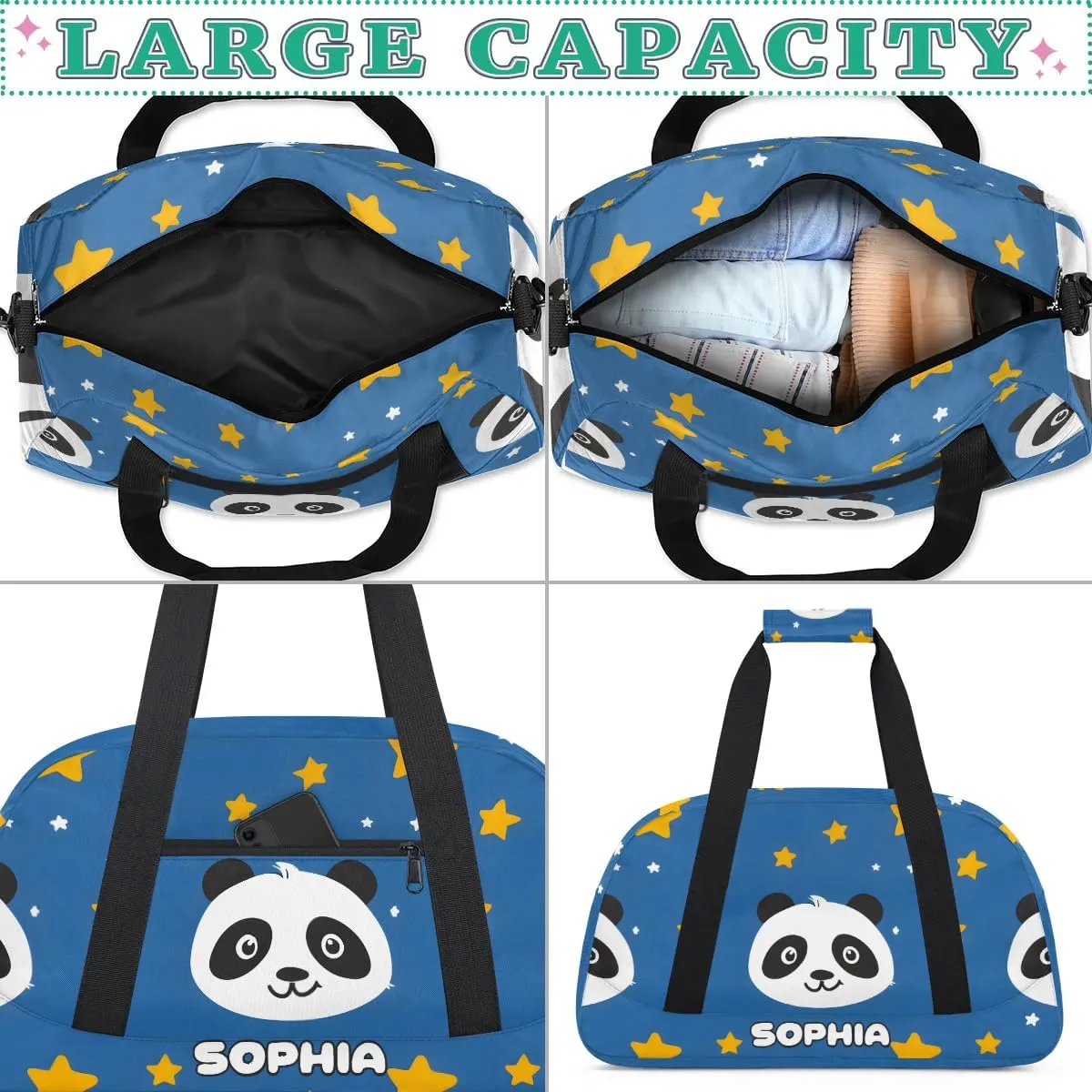 Personalized Kids Sports Duffel Bag with Name Custom Weekender Overnight Bag for Boys Girls Gym Bag Travel Dance Gymnastics Duffel Bag, Cute Panda