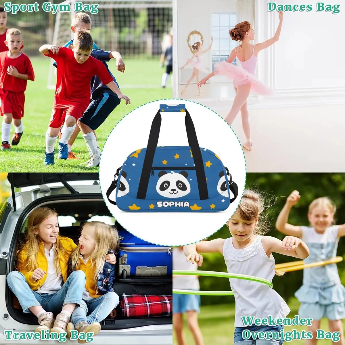 Personalized Kids Sports Duffel Bag with Name Custom Weekender Overnight Bag for Boys Girls Gym Bag Travel Dance Gymnastics Duffel Bag, Cute Panda