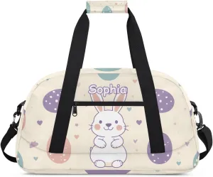 Personalized Kids Sports Duffel Bag with Name Custom Weekender Overnight Bag for Boys Girls Gym Bag Travel Dance Gymnastics Duffel Bag, Cute Rabbit Easter Egg