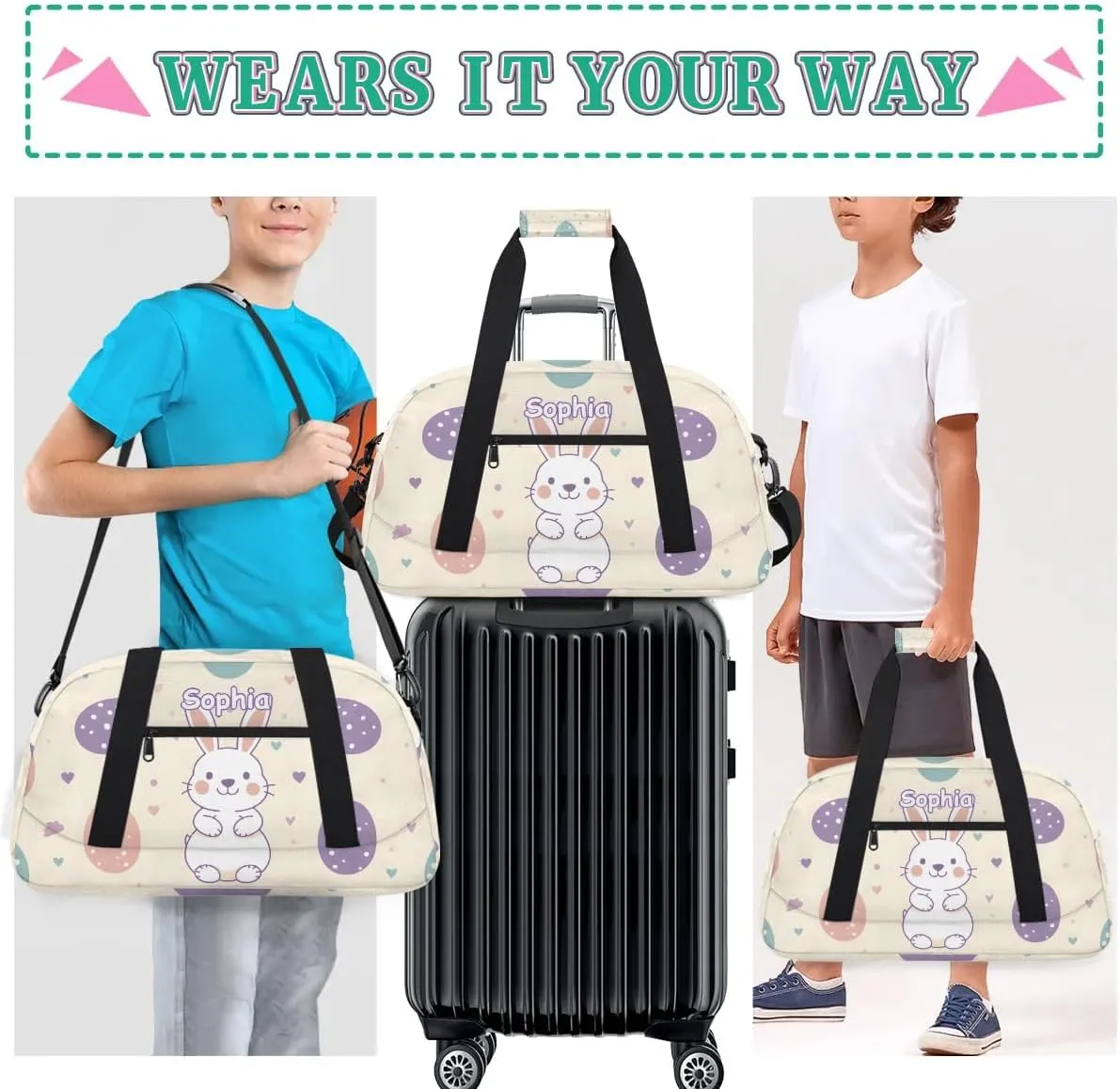 Personalized Kids Sports Duffel Bag with Name Custom Weekender Overnight Bag for Boys Girls Gym Bag Travel Dance Gymnastics Duffel Bag, Cute Rabbit Easter Egg