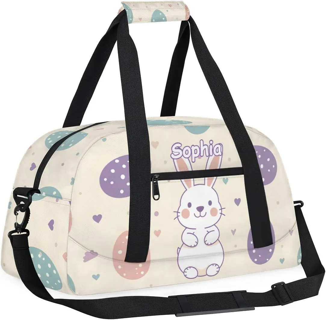 Personalized Kids Sports Duffel Bag with Name Custom Weekender Overnight Bag for Boys Girls Gym Bag Travel Dance Gymnastics Duffel Bag, Cute Rabbit Easter Egg