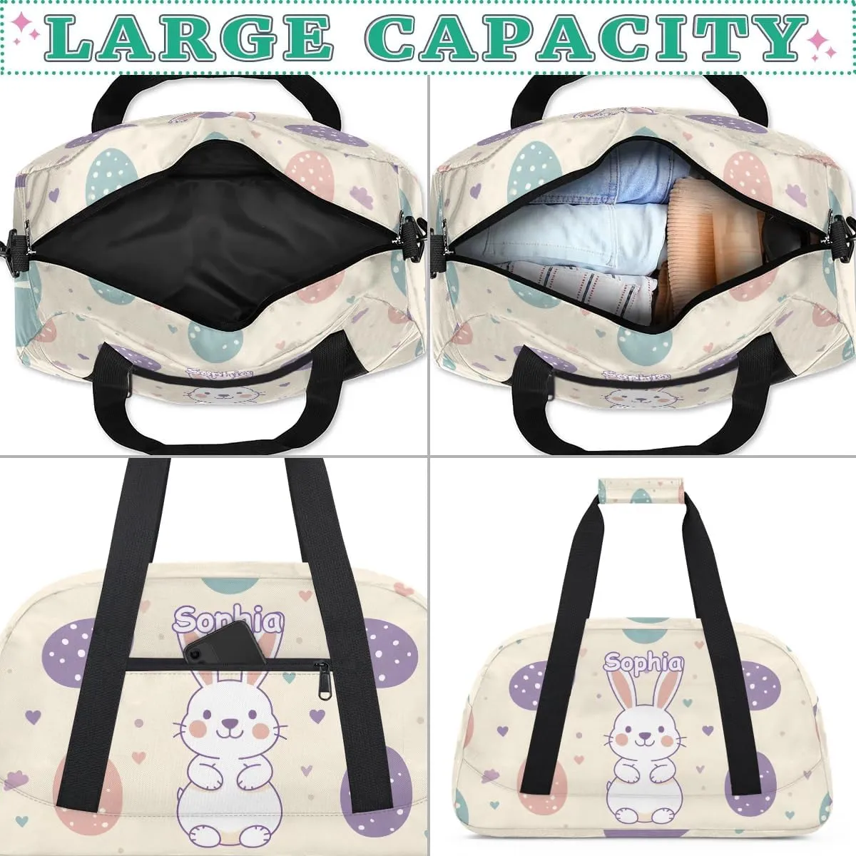 Personalized Kids Sports Duffel Bag with Name Custom Weekender Overnight Bag for Boys Girls Gym Bag Travel Dance Gymnastics Duffel Bag, Cute Rabbit Easter Egg
