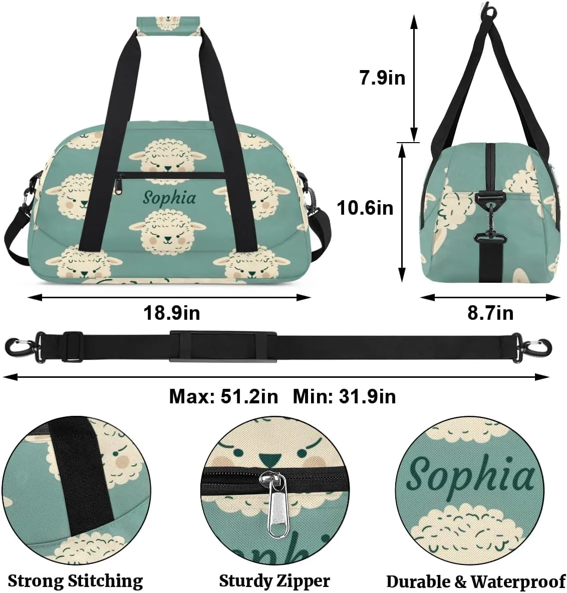 Personalized Kids Sports Duffel Bag with Name Custom Weekender Overnight Bag for Boys Girls Gym Bag Travel Dance Gymnastics Duffel Bag, Funny Sheep Animal