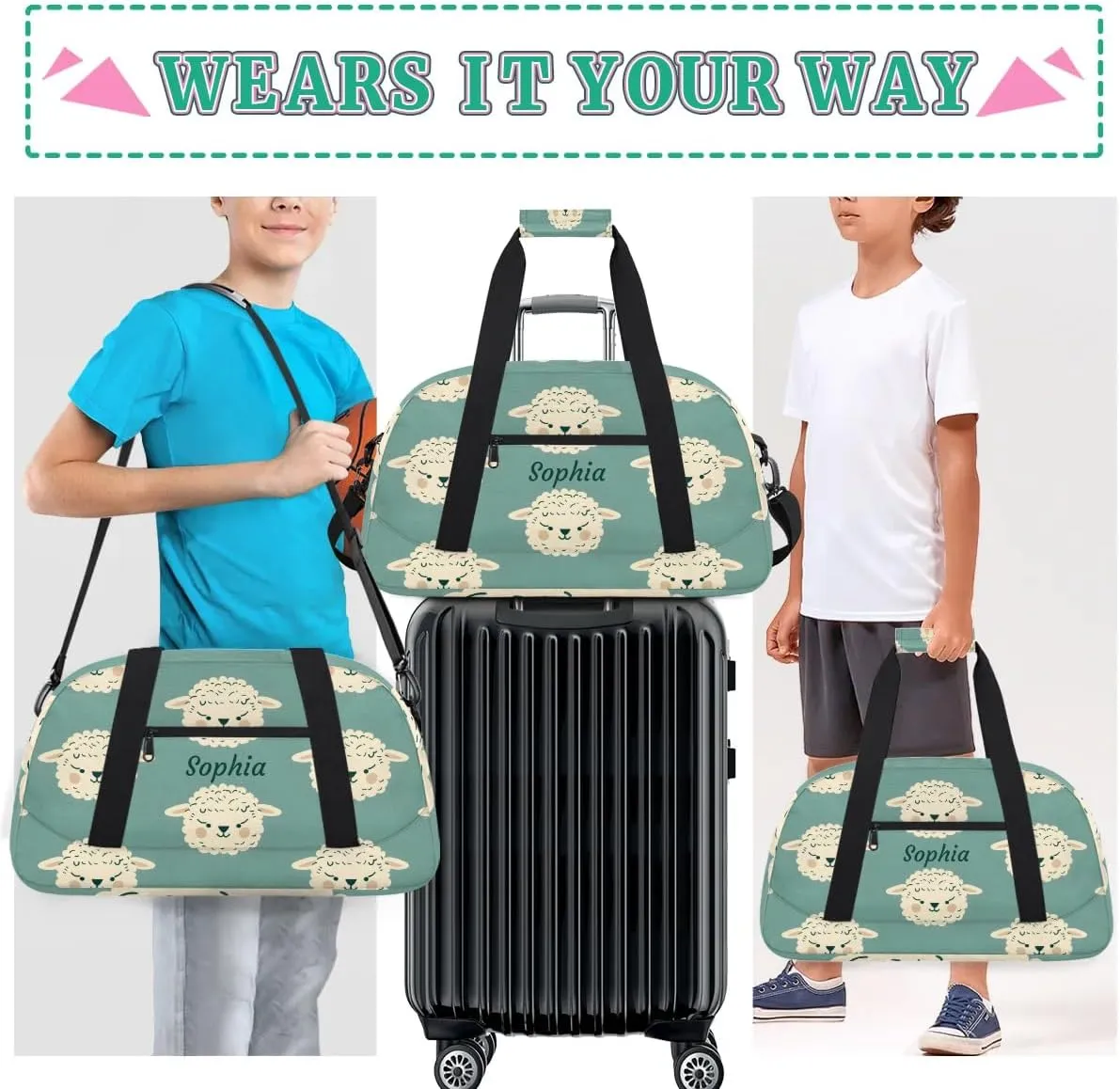 Personalized Kids Sports Duffel Bag with Name Custom Weekender Overnight Bag for Boys Girls Gym Bag Travel Dance Gymnastics Duffel Bag, Funny Sheep Animal
