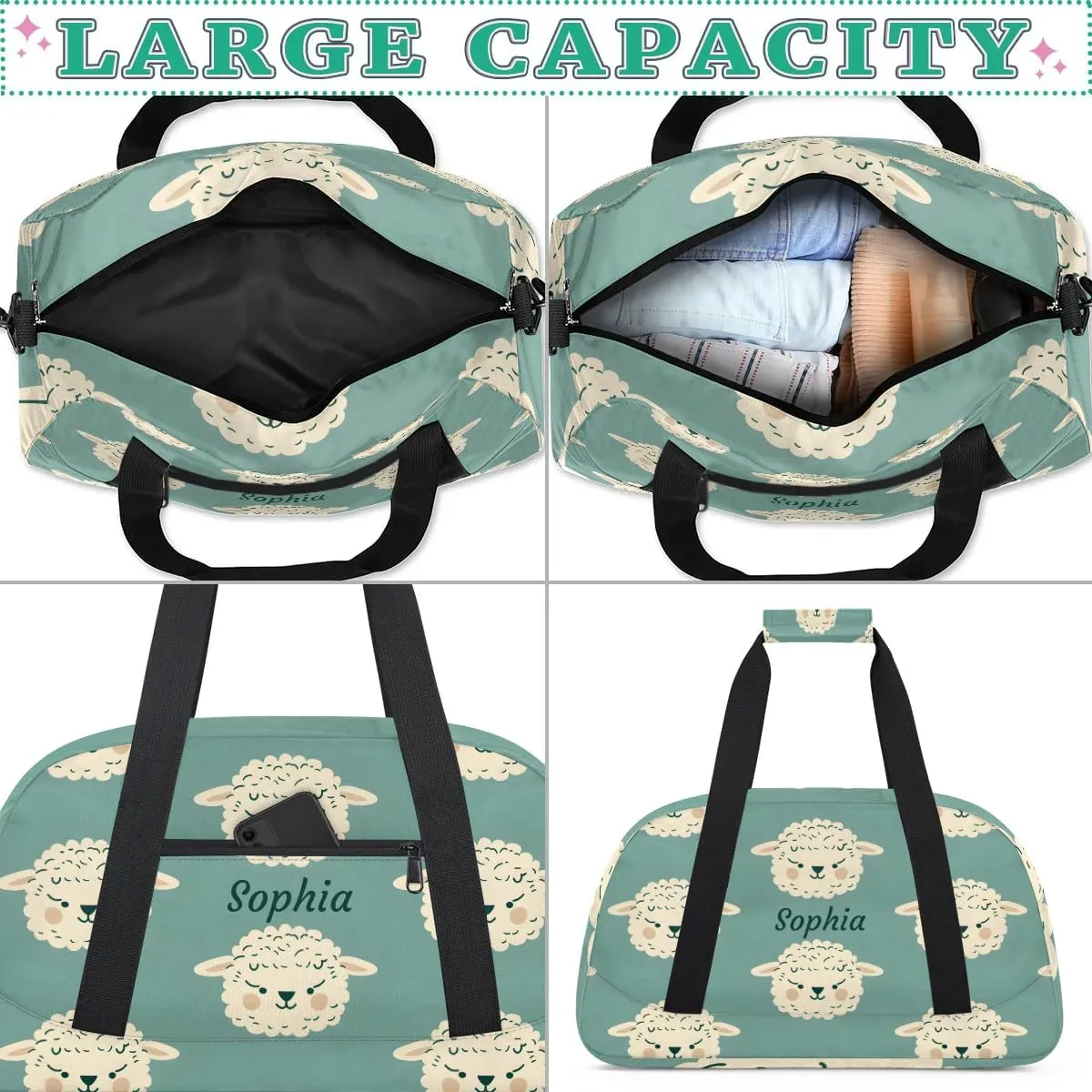 Personalized Kids Sports Duffel Bag with Name Custom Weekender Overnight Bag for Boys Girls Gym Bag Travel Dance Gymnastics Duffel Bag, Funny Sheep Animal
