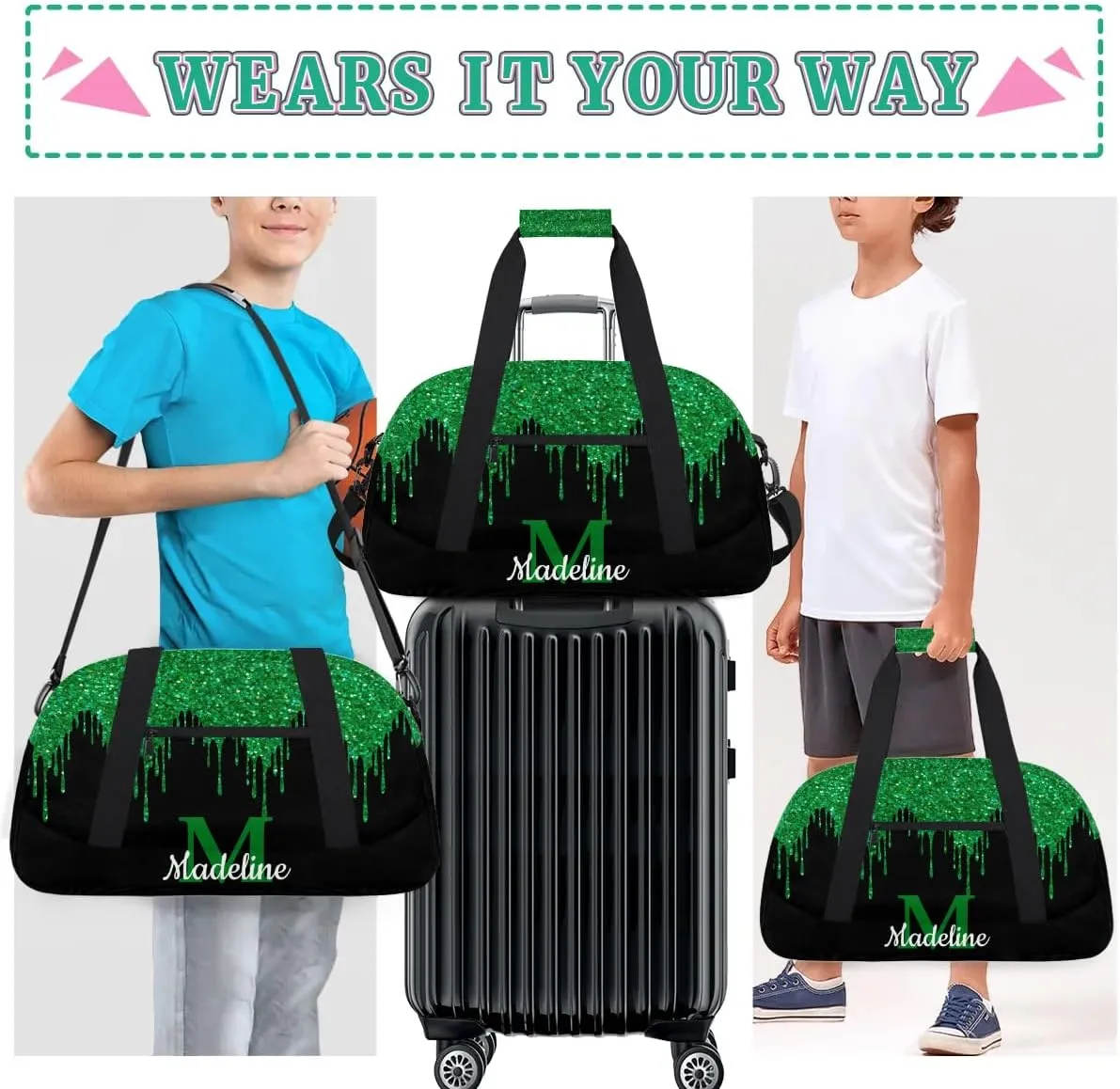 Personalized Kids Sports Duffel Bag with Name Custom Weekender Overnight Bag for Boys Girls Gym Bag Travel Dance Gymnastics Duffel Bag, Green Glitter