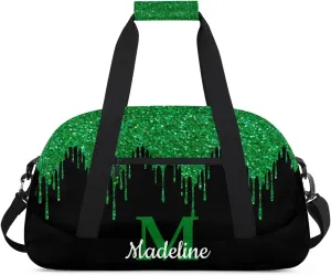 Personalized Kids Sports Duffel Bag with Name Custom Weekender Overnight Bag for Boys Girls Gym Bag Travel Dance Gymnastics Duffel Bag, Green Glitter