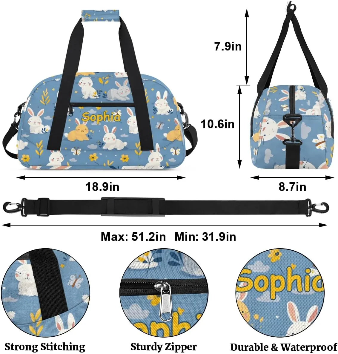 Personalized Kids Sports Duffel Bag with Name Custom Weekender Overnight Bag for Boys Girls Gym Bag Travel Dance Gymnastics Duffel Bag, Rabbit Pattern