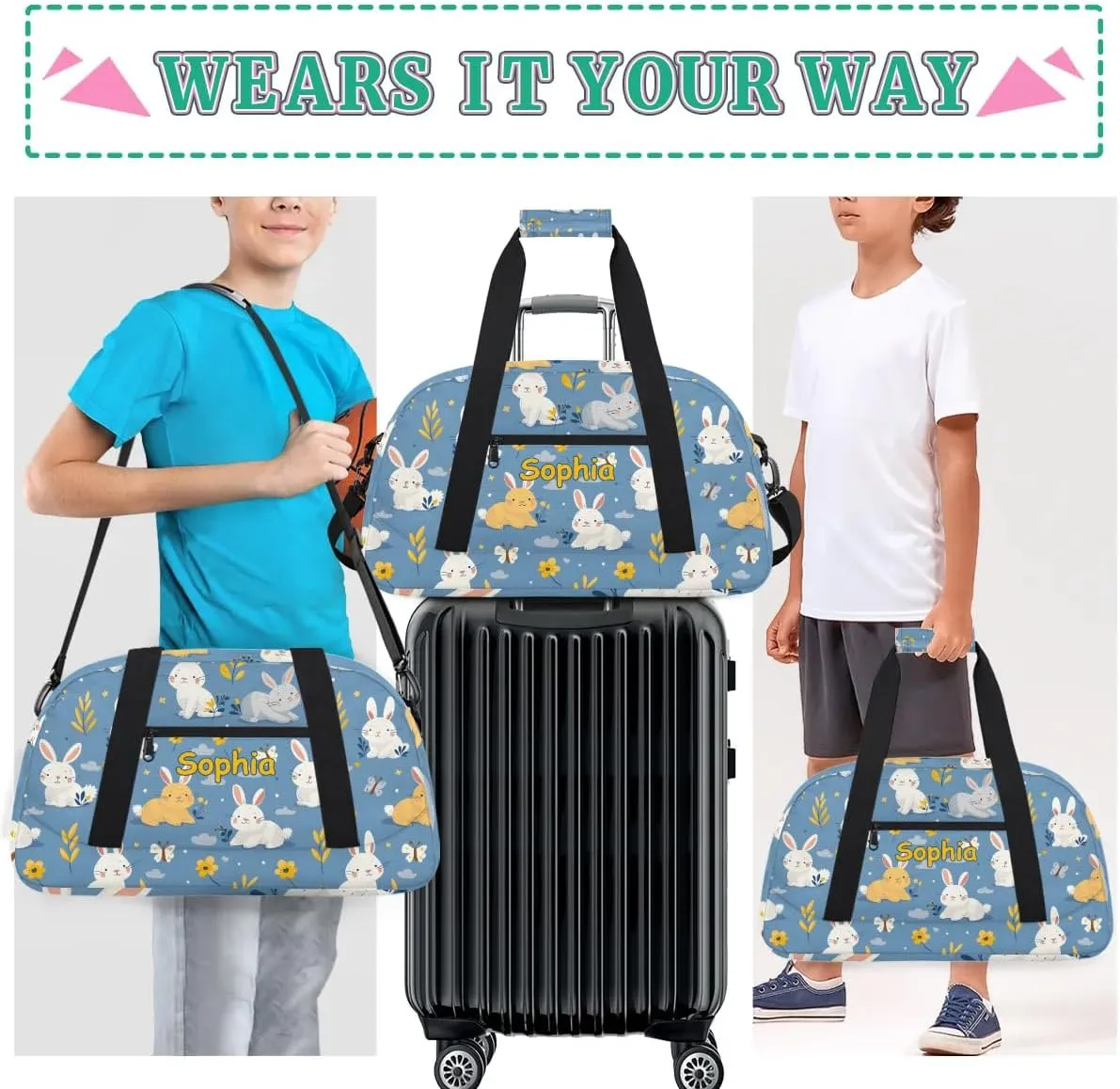 Personalized Kids Sports Duffel Bag with Name Custom Weekender Overnight Bag for Boys Girls Gym Bag Travel Dance Gymnastics Duffel Bag, Rabbit Pattern