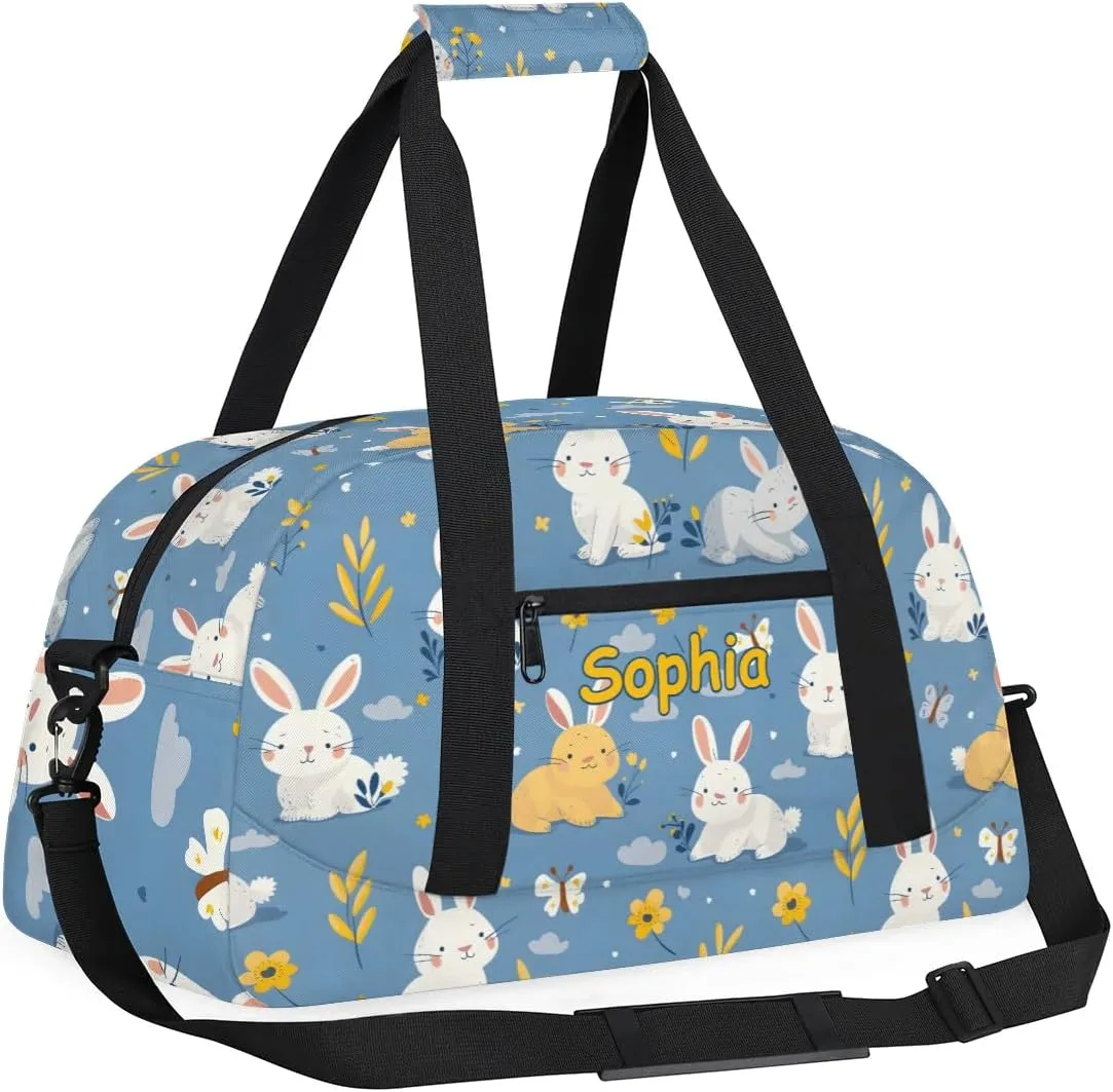 Personalized Kids Sports Duffel Bag with Name Custom Weekender Overnight Bag for Boys Girls Gym Bag Travel Dance Gymnastics Duffel Bag, Rabbit Pattern