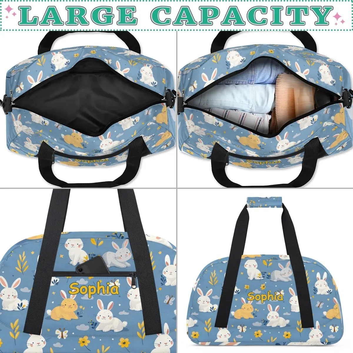 Personalized Kids Sports Duffel Bag with Name Custom Weekender Overnight Bag for Boys Girls Gym Bag Travel Dance Gymnastics Duffel Bag, Rabbit Pattern