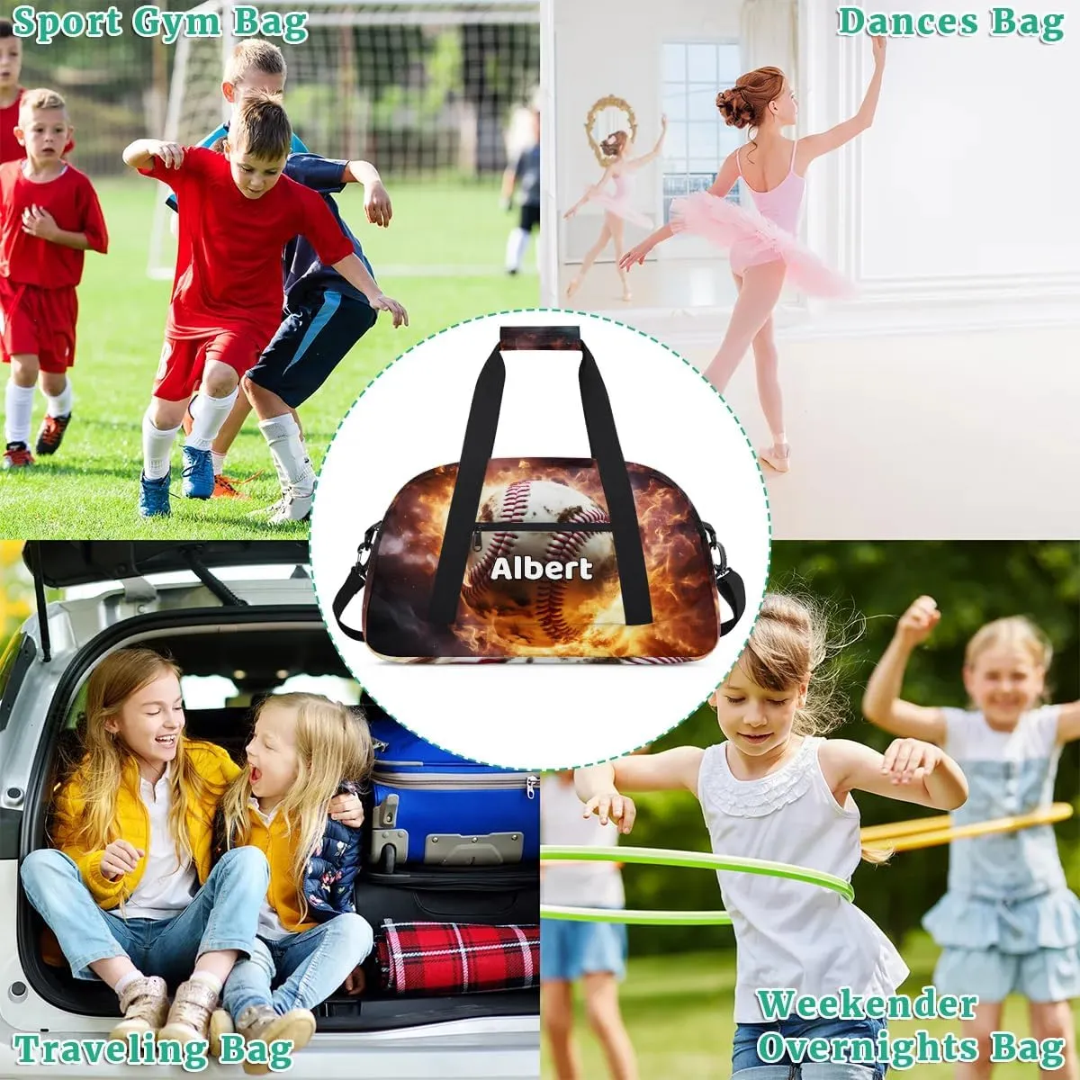 Personalized Kids Sports Duffel Bag with Name Custom Weekender Overnight Bag for Boys Girls Gym Bag Travel Dance Gymnastics Duffel Bag, Sports Baseball Theme