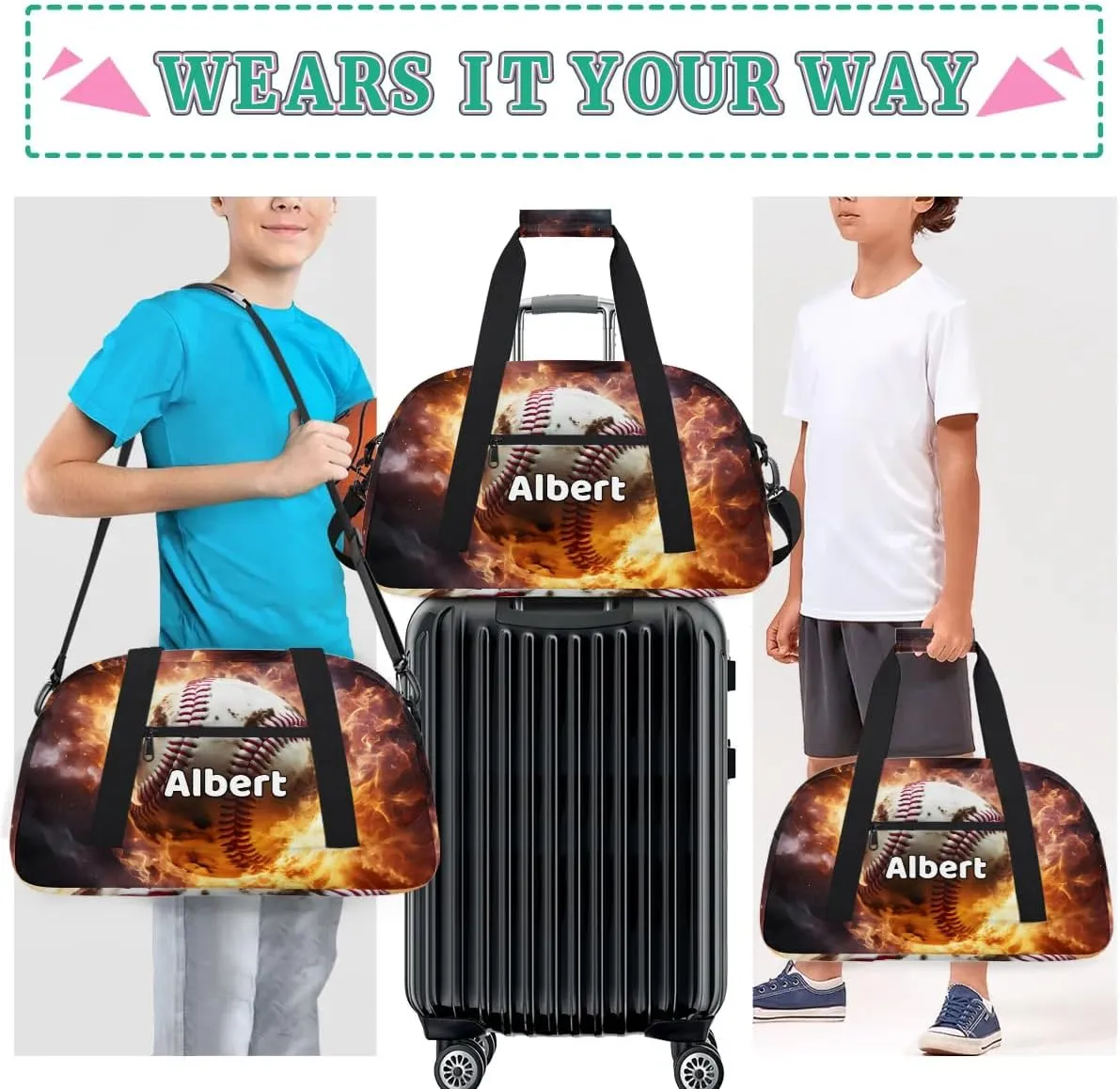 Personalized Kids Sports Duffel Bag with Name Custom Weekender Overnight Bag for Boys Girls Gym Bag Travel Dance Gymnastics Duffel Bag, Sports Baseball Theme