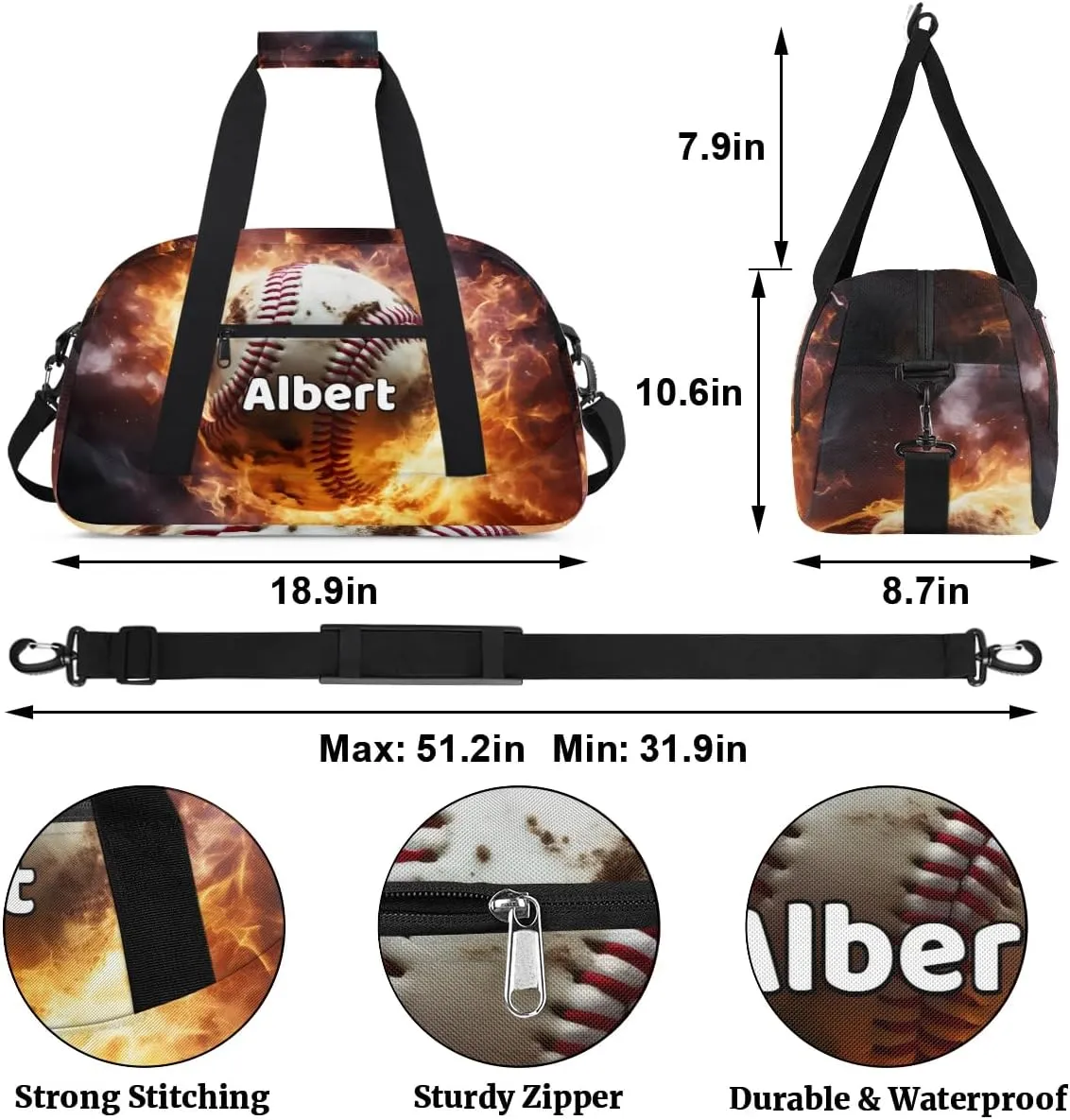 Personalized Kids Sports Duffel Bag with Name Custom Weekender Overnight Bag for Boys Girls Gym Bag Travel Dance Gymnastics Duffel Bag, Sports Baseball Theme