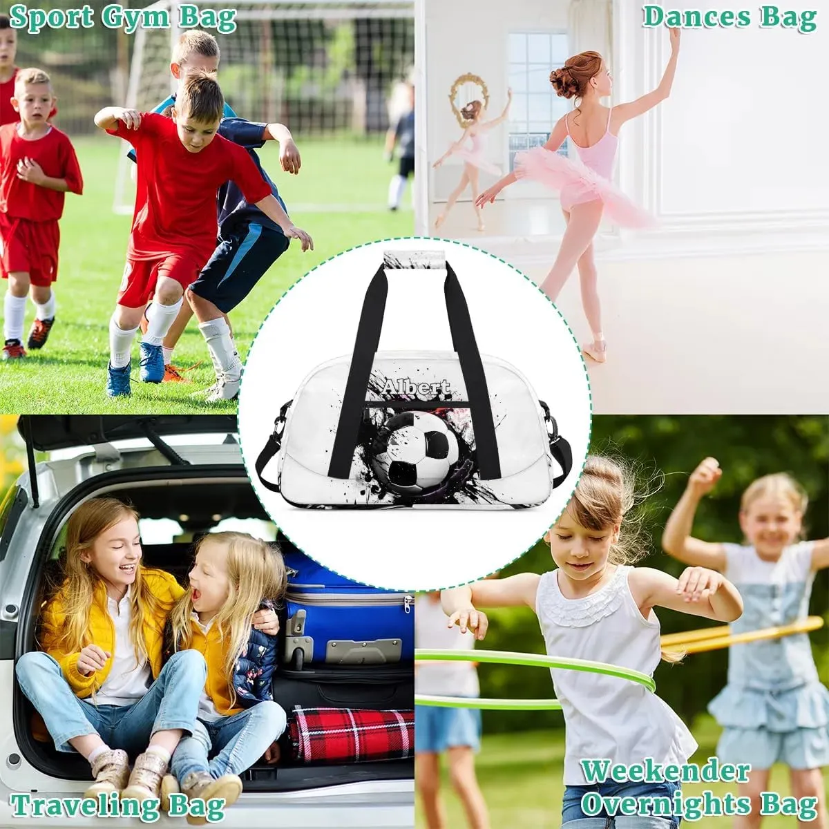 Personalized Kids Sports Duffel Bag with Name Custom Weekender Overnight Bag for Boys Girls Gym Bag Travel Dance Gymnastics Duffel Bag, Sports Soccer