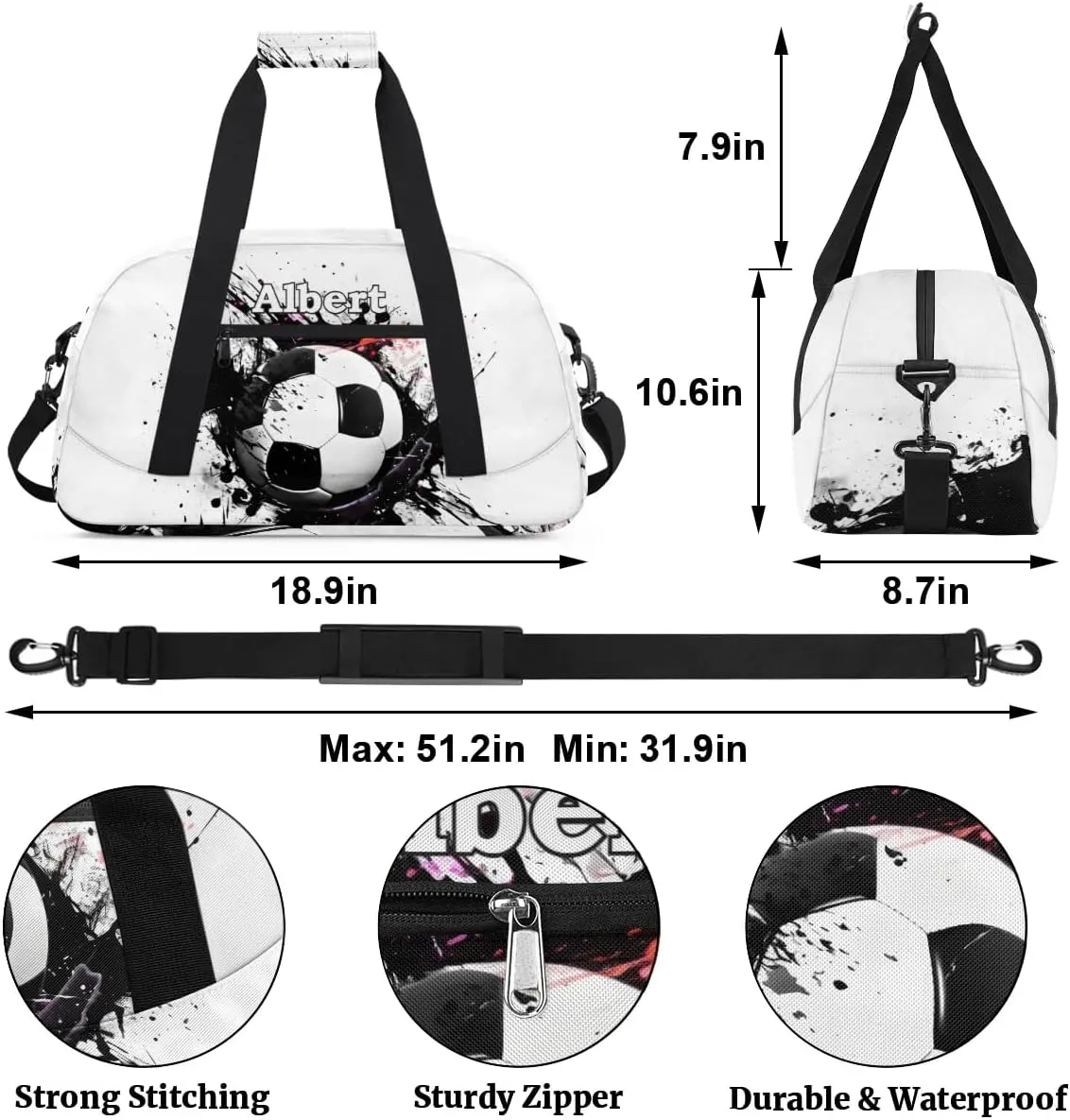 Personalized Kids Sports Duffel Bag with Name Custom Weekender Overnight Bag for Boys Girls Gym Bag Travel Dance Gymnastics Duffel Bag, Sports Soccer