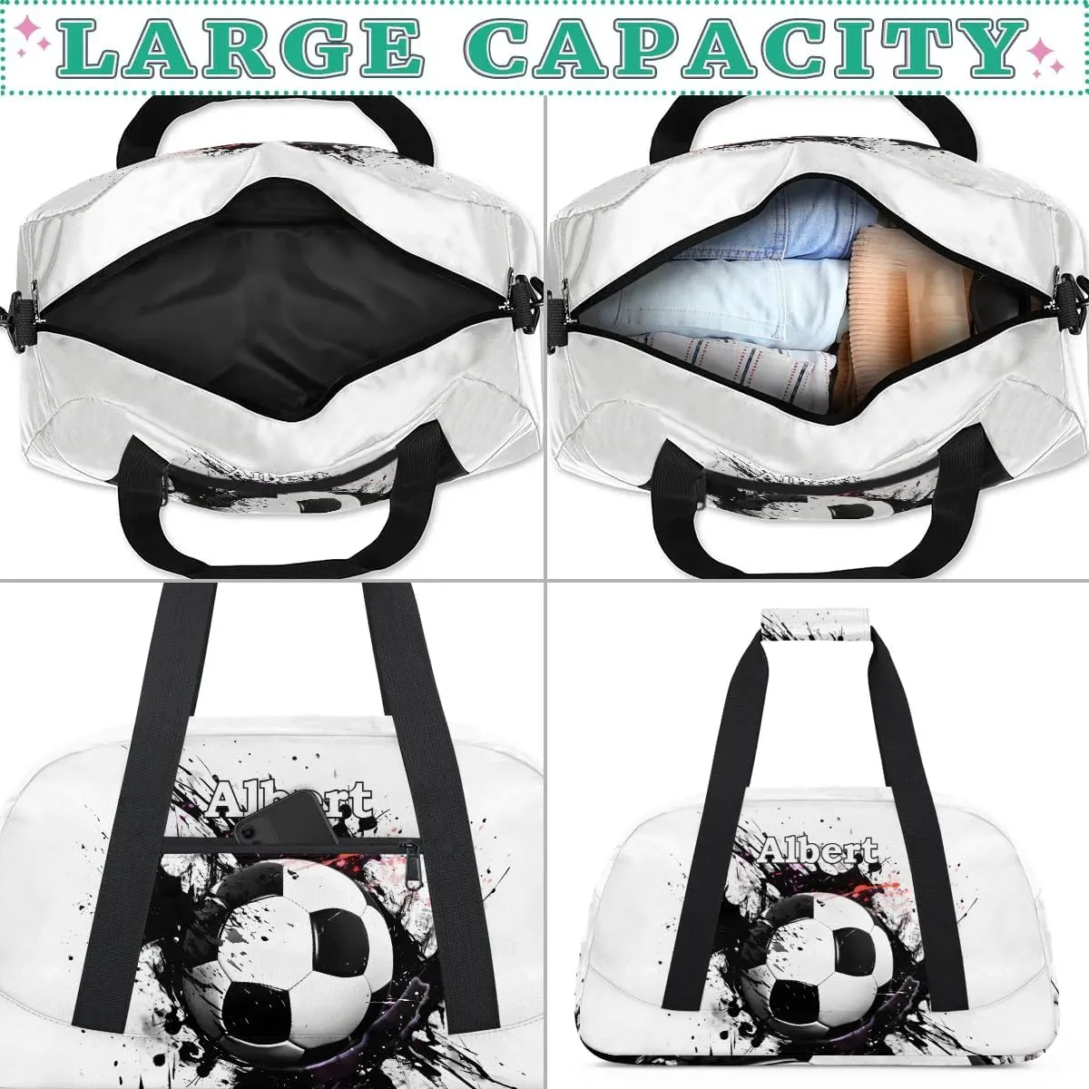 Personalized Kids Sports Duffel Bag with Name Custom Weekender Overnight Bag for Boys Girls Gym Bag Travel Dance Gymnastics Duffel Bag, Sports Soccer