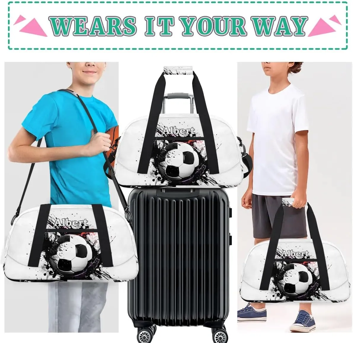 Personalized Kids Sports Duffel Bag with Name Custom Weekender Overnight Bag for Boys Girls Gym Bag Travel Dance Gymnastics Duffel Bag, Sports Soccer