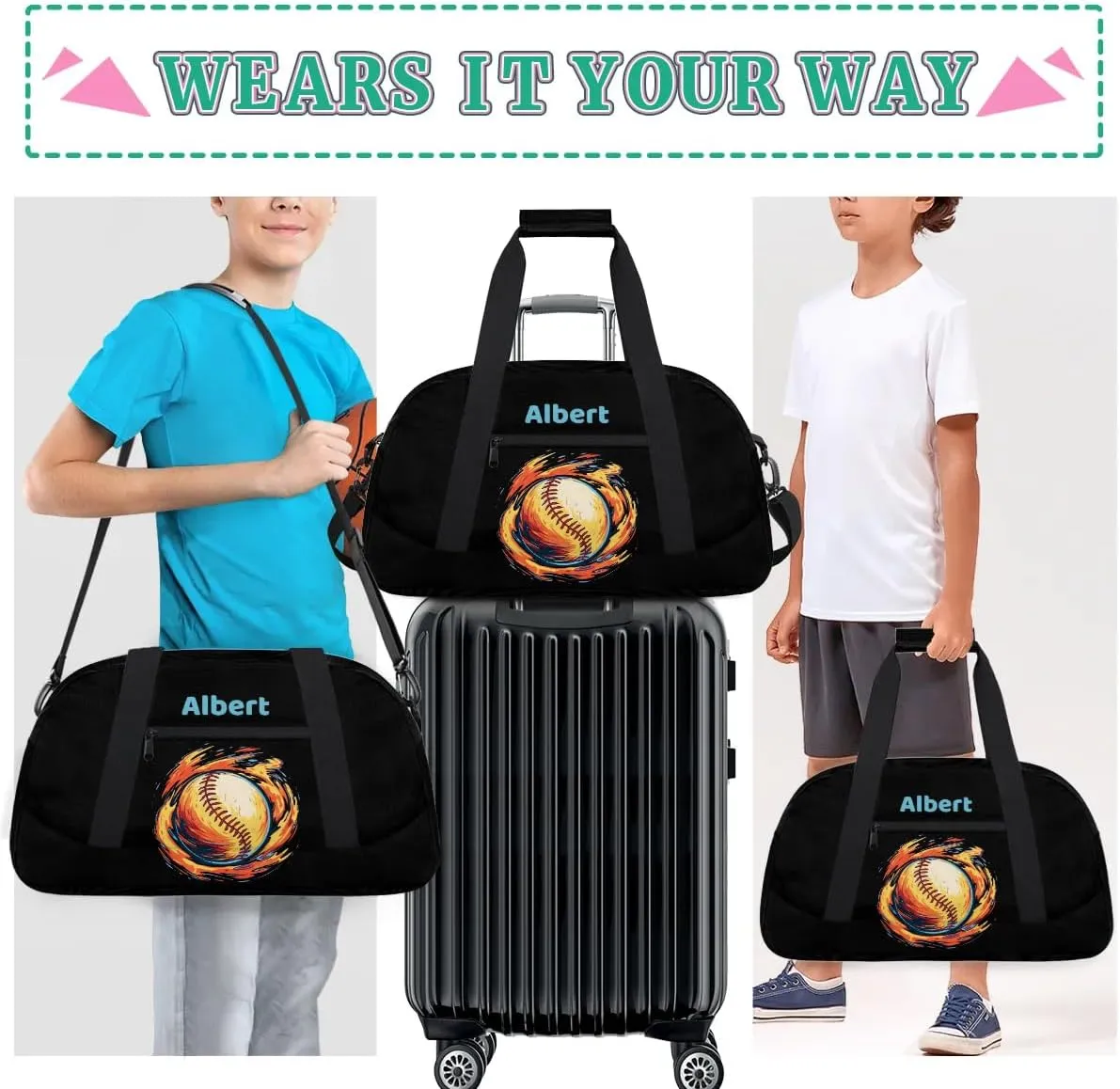 Personalized Kids Sports Duffel Bag with Name Custom Weekender Overnight Bag for Boys Girls Gym Bag Travel Dance Gymnastics Duffel Bag, Watercolor Baseball