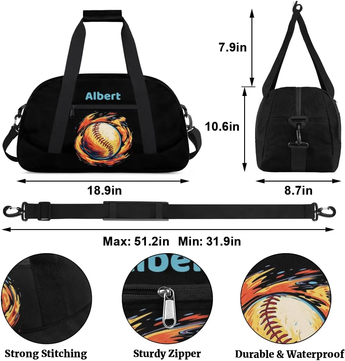 Personalized Kids Sports Duffel Bag with Name Custom Weekender Overnight Bag for Boys Girls Gym Bag Travel Dance Gymnastics Duffel Bag, Watercolor Baseball