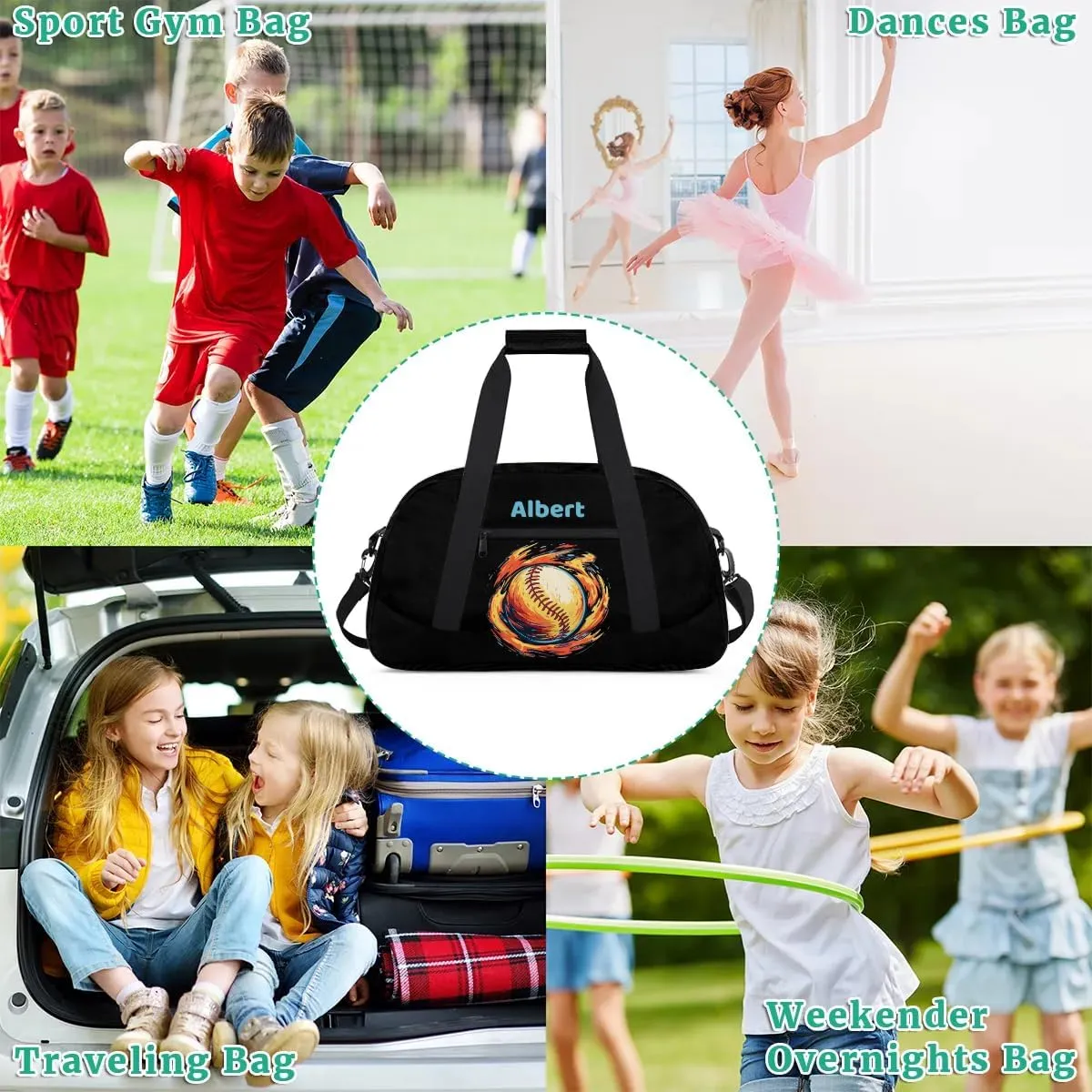 Personalized Kids Sports Duffel Bag with Name Custom Weekender Overnight Bag for Boys Girls Gym Bag Travel Dance Gymnastics Duffel Bag, Watercolor Baseball