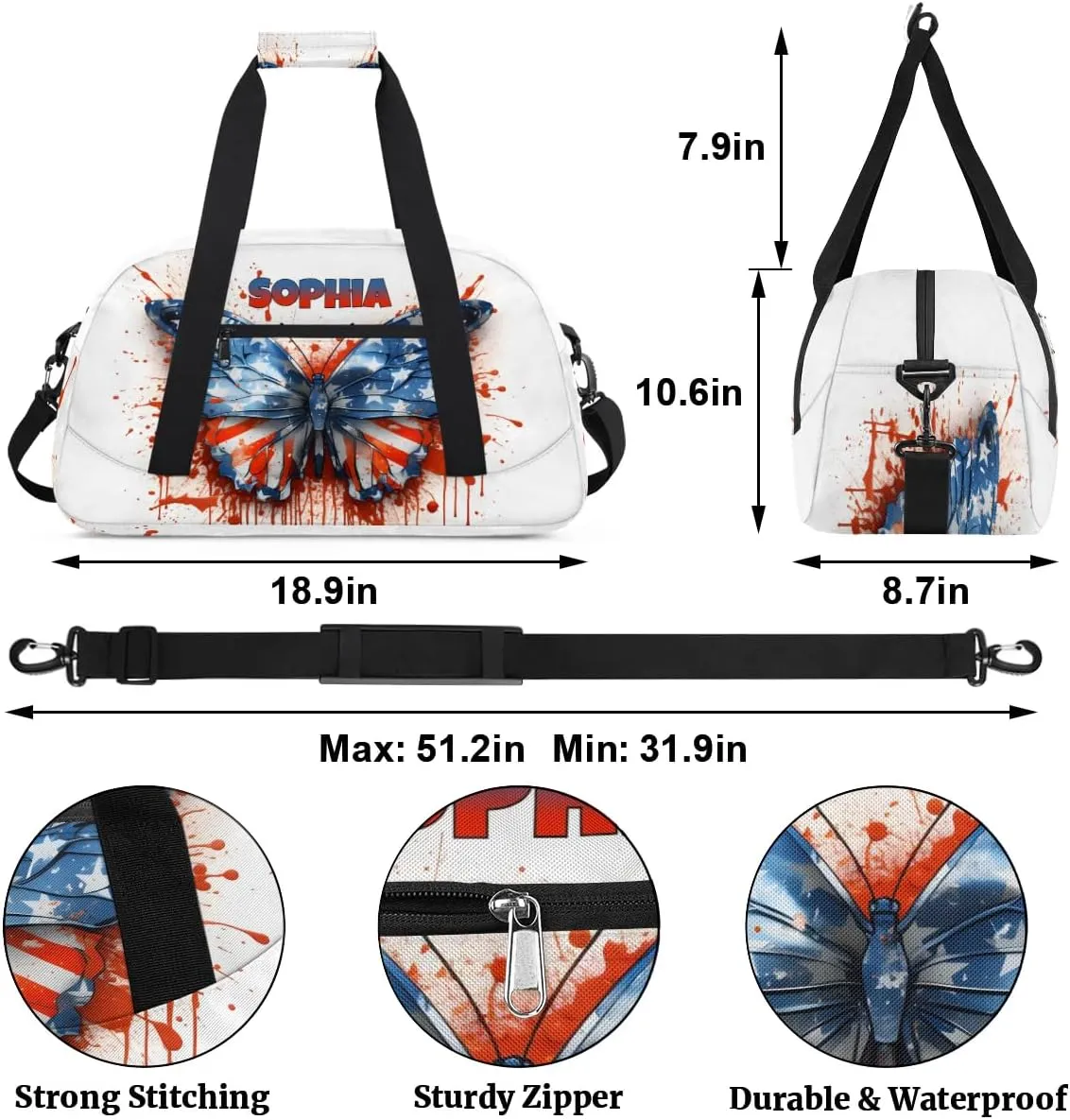 Personalized Kids Sports Duffel Bag with Name Custom Weekender Overnight Bag for Boys Girls Gym Bag Travel Dance Gymnastics Duffel Bag, Watercolor Butterfly