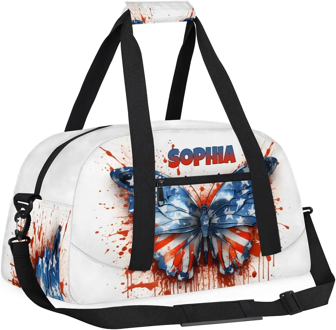 Personalized Kids Sports Duffel Bag with Name Custom Weekender Overnight Bag for Boys Girls Gym Bag Travel Dance Gymnastics Duffel Bag, Watercolor Butterfly