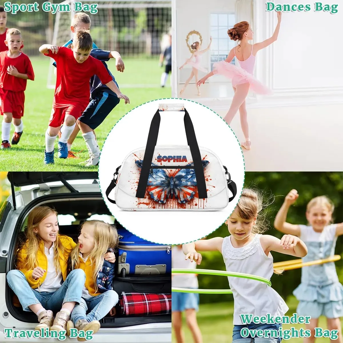 Personalized Kids Sports Duffel Bag with Name Custom Weekender Overnight Bag for Boys Girls Gym Bag Travel Dance Gymnastics Duffel Bag, Watercolor Butterfly