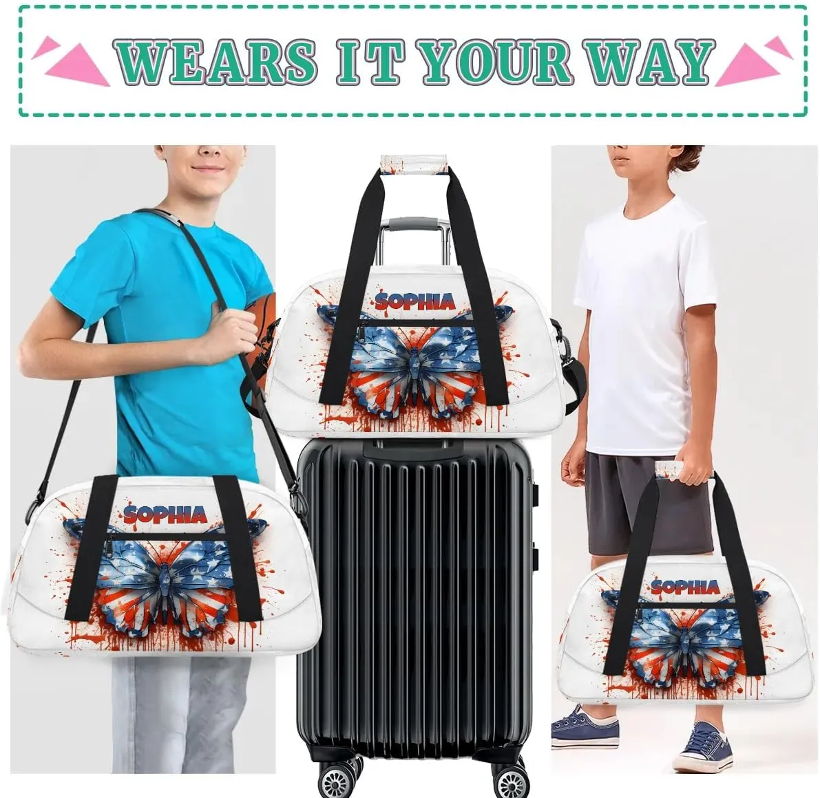 Personalized Kids Sports Duffel Bag with Name Custom Weekender Overnight Bag for Boys Girls Gym Bag Travel Dance Gymnastics Duffel Bag, Watercolor Butterfly